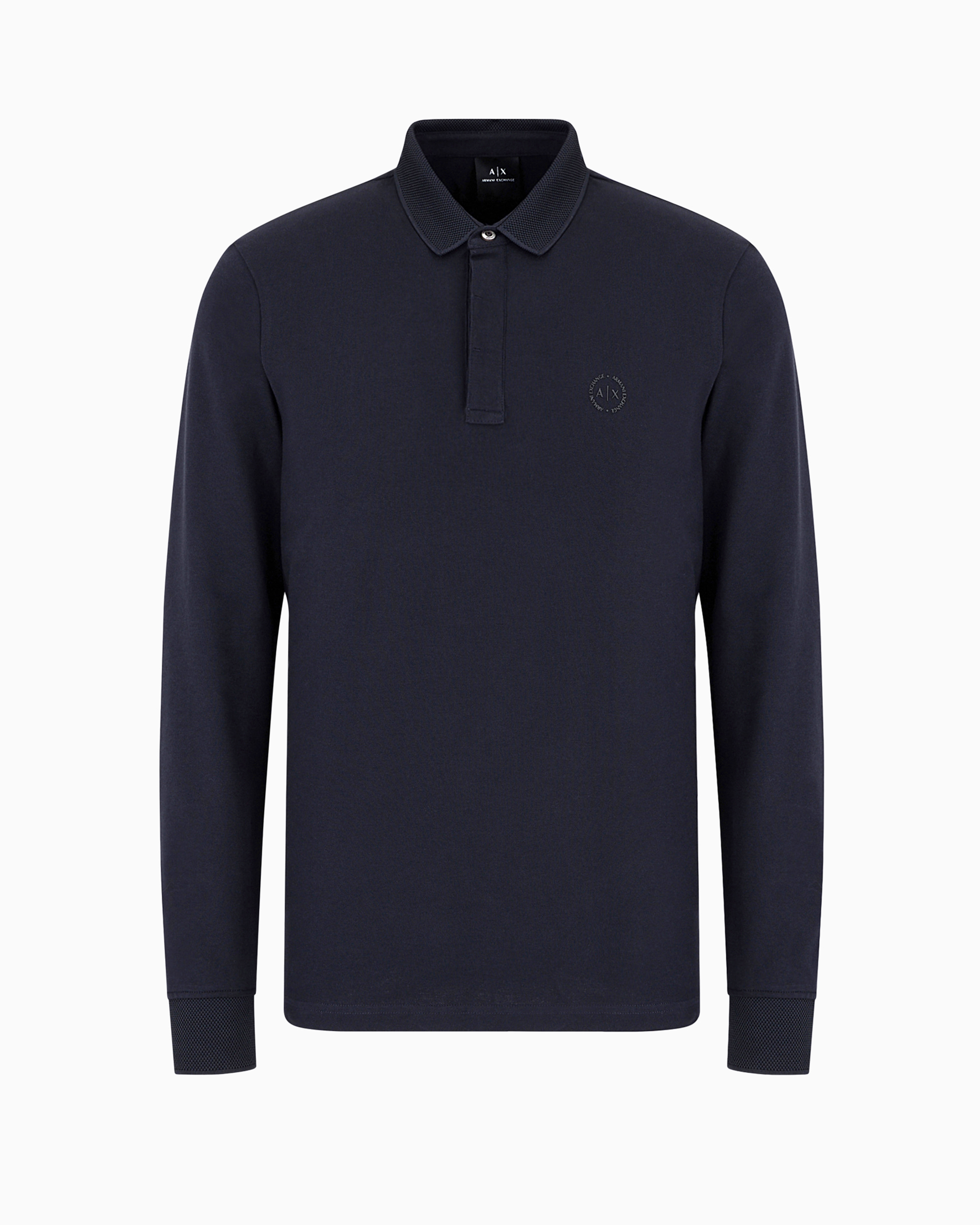 Shop Armani Exchange Slim Fit Polo Shirt In Stretch Cotton With Long Sleeves In Navy Blue