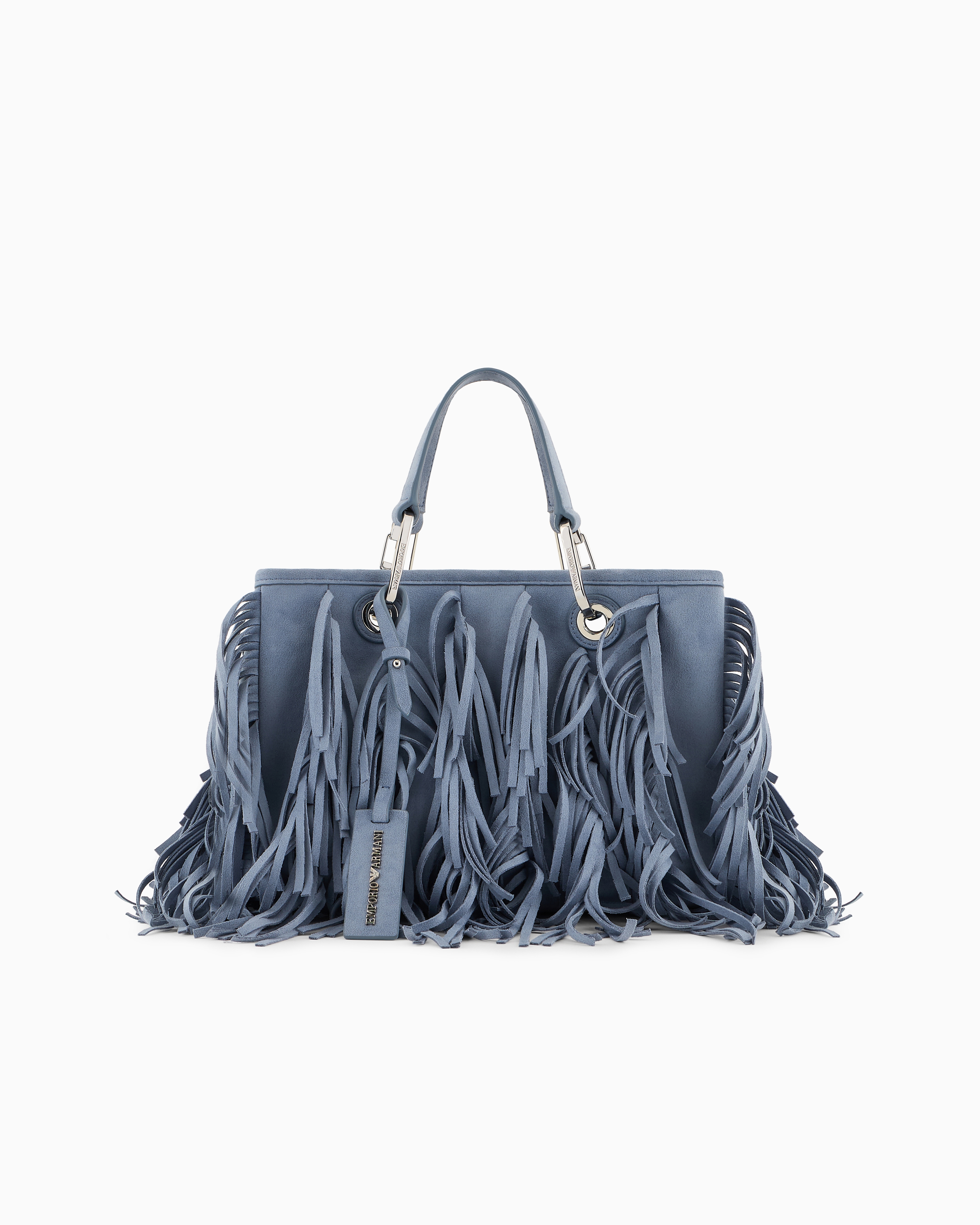 Emporio Armani Myea Faux Suede Shopper Bag With Fringes In Blue