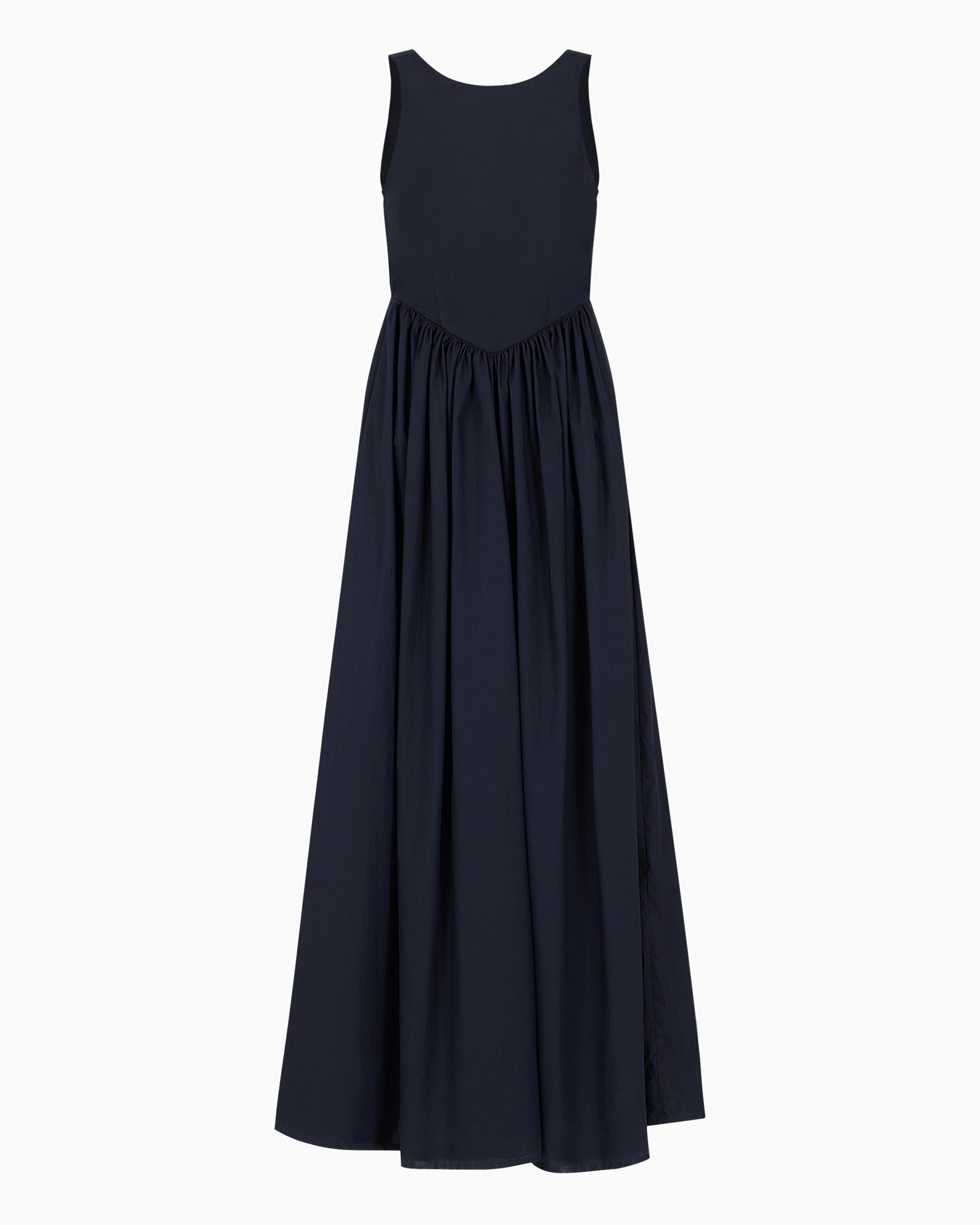 Shop Emporio Armani Long, Full-skirted Poplin Dress With Gathered Waist In Navy Blue