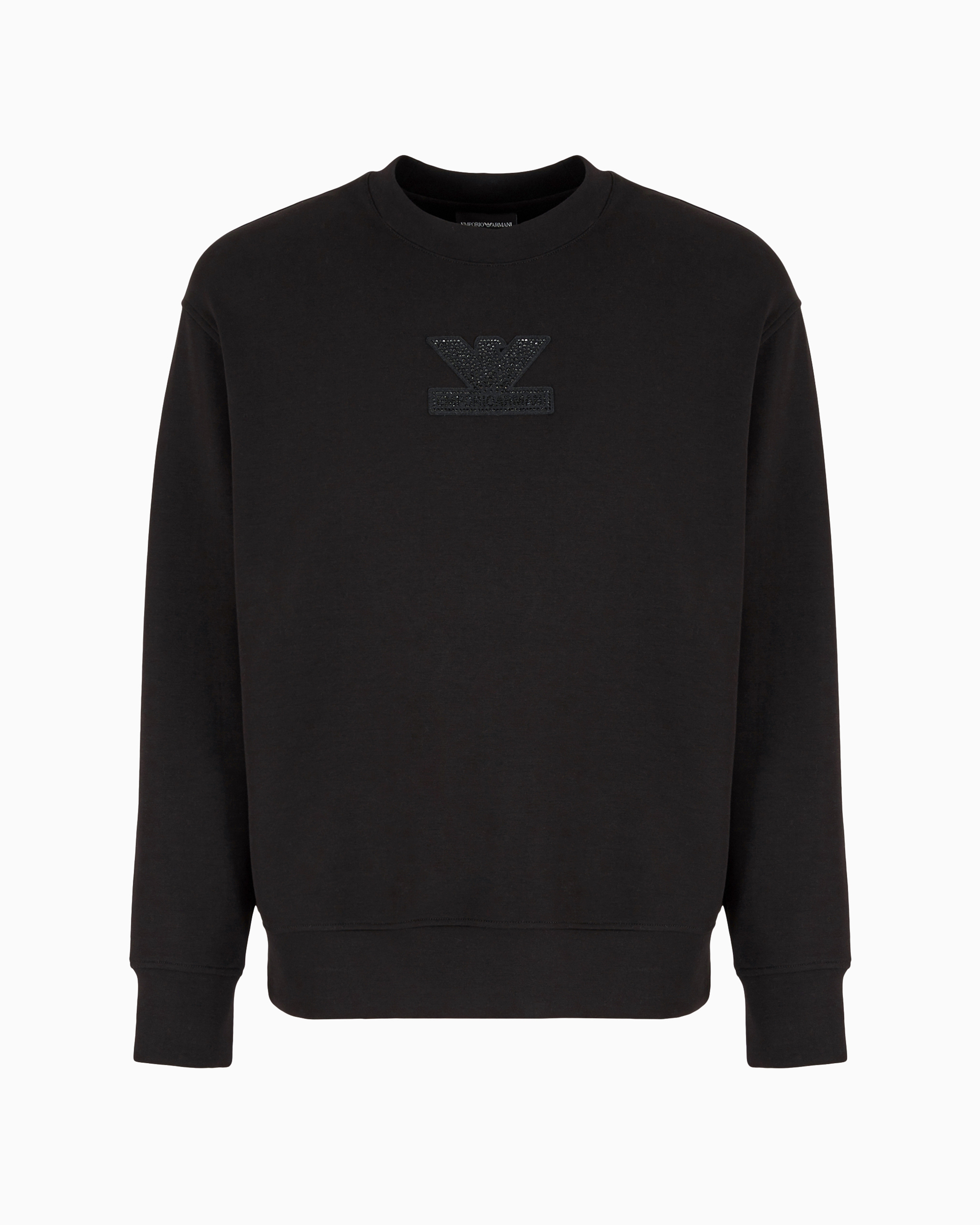 Emporio Armani Official Store Clubwear Double-jersey Sweatshirt With Patch And Rhinestone Embroidery In Black