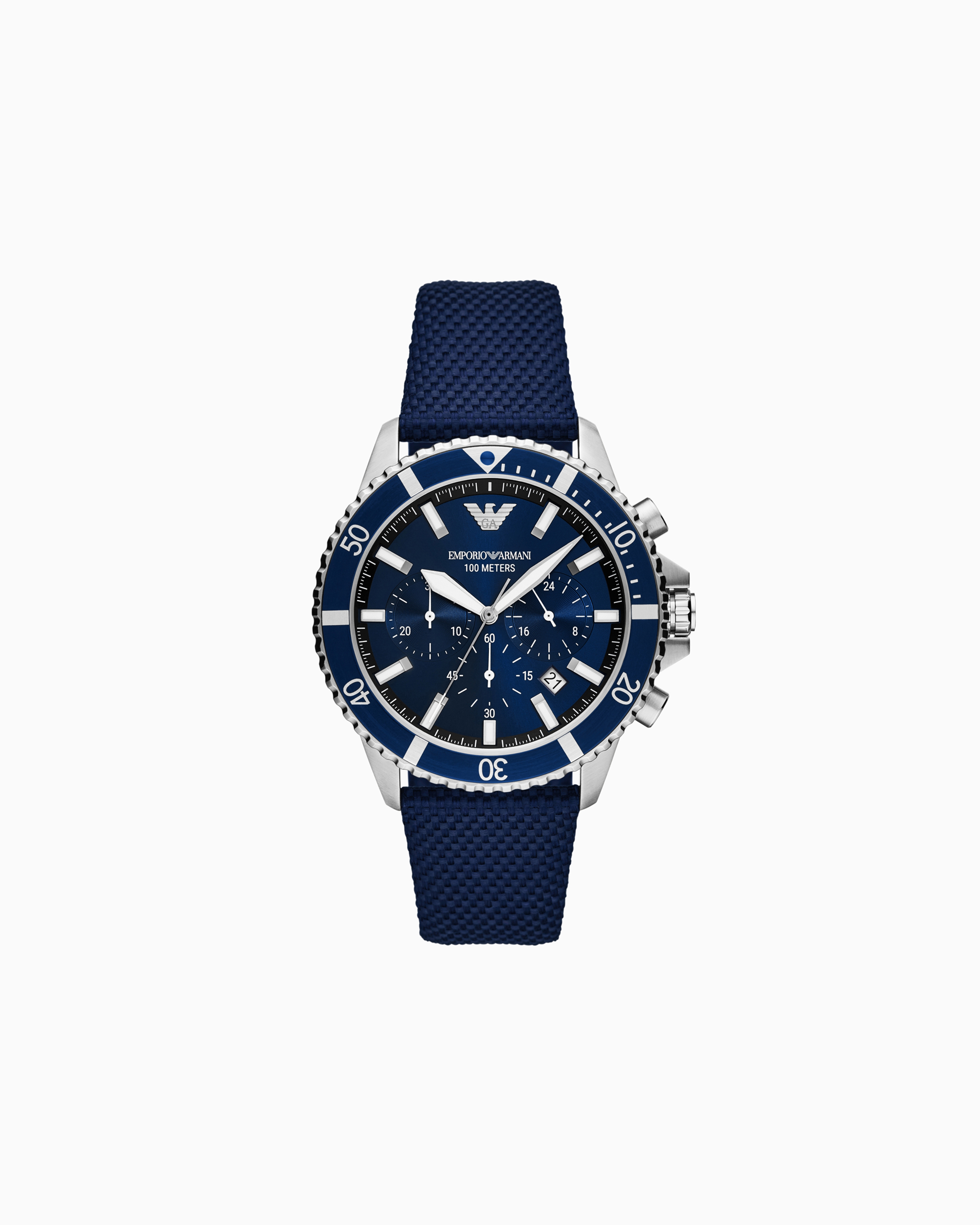 EMPORIO ARMANI CHRONOGRAPH BLUE NYLON AND LEATHER WATCH 