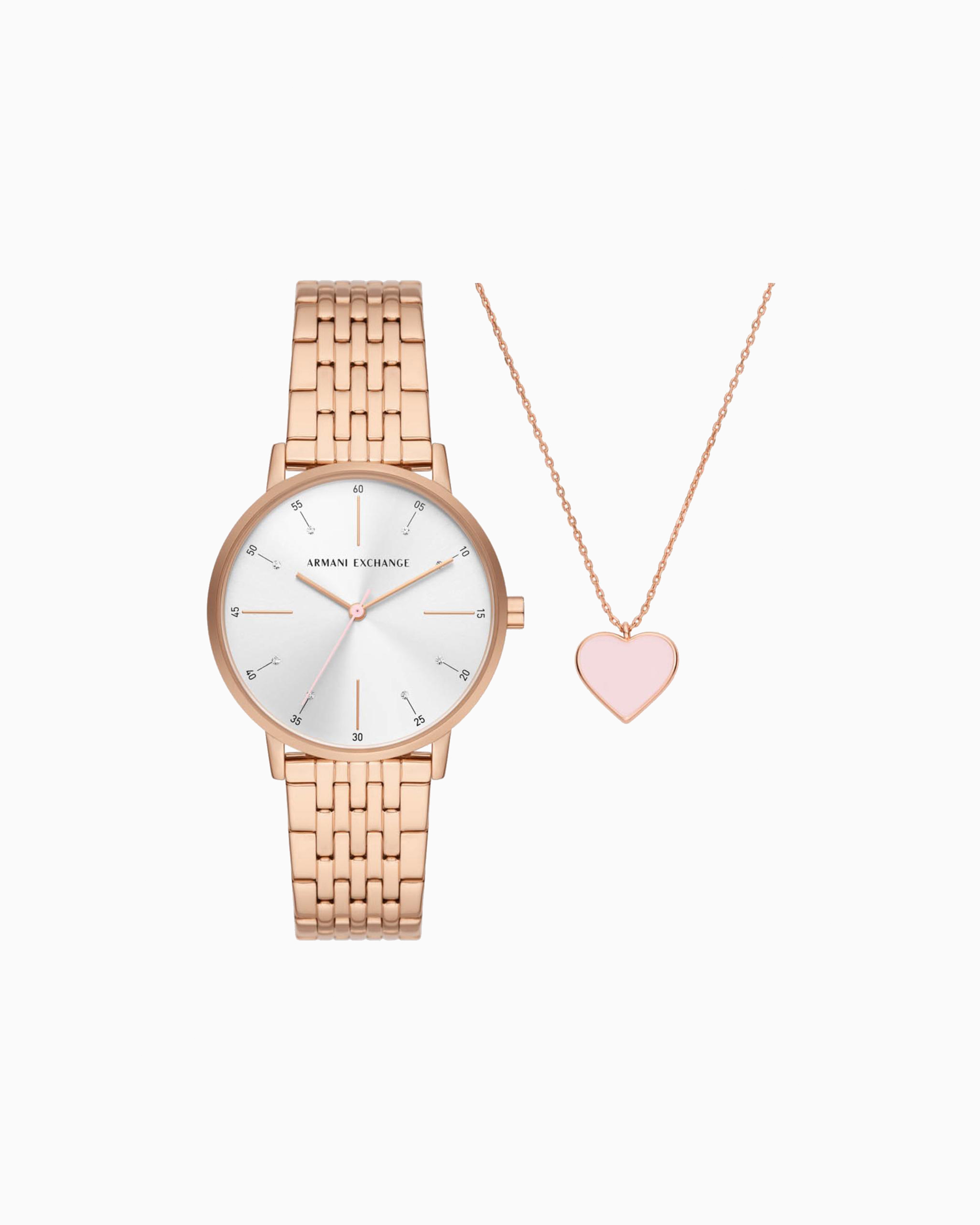 Armani Exchange Three-hand Watch And Necklace Set In Rose Gold-tone Stainless Steel In Multicoloured