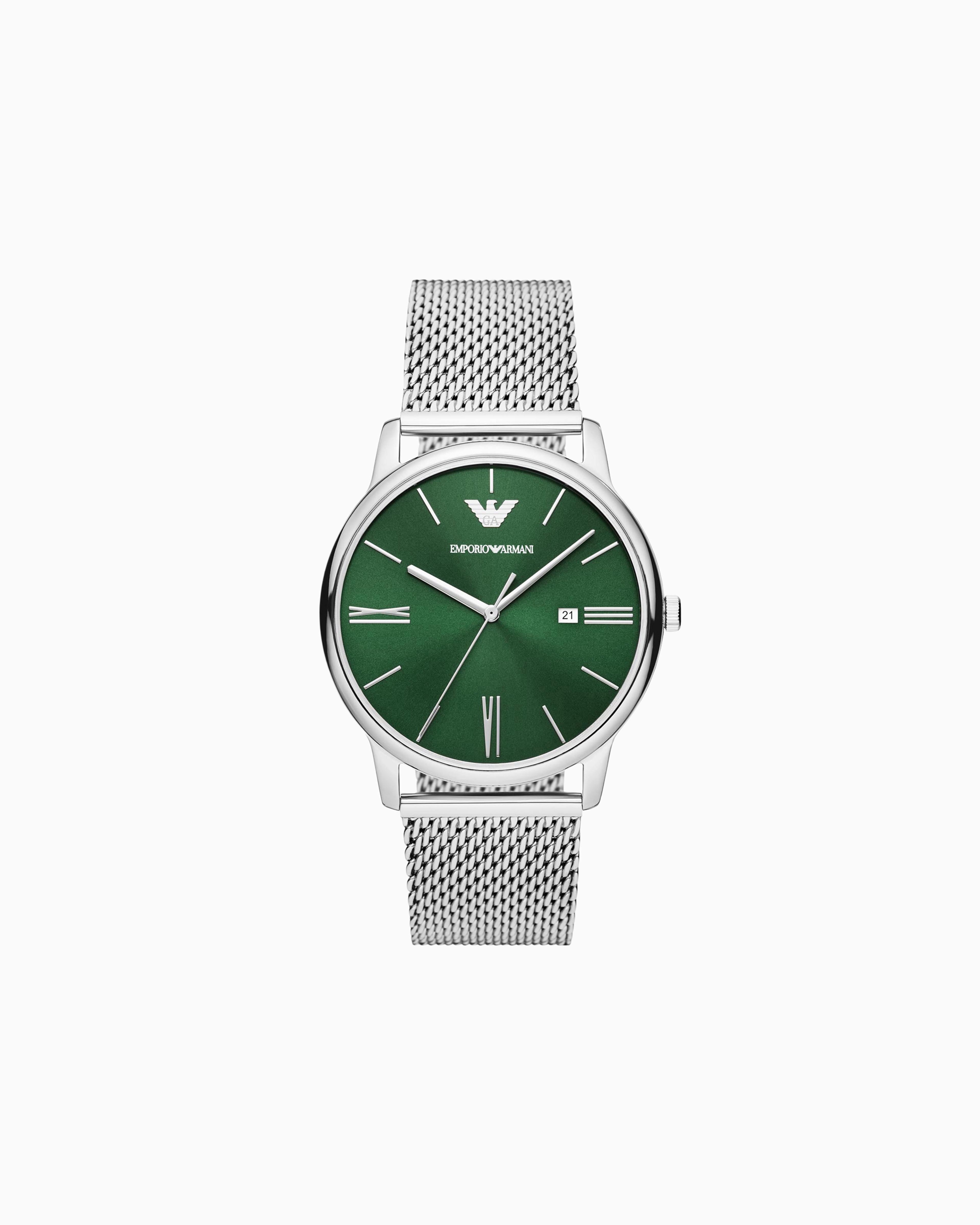 EMPORIO ARMANI THREE-HAND DATE STAINLESS STEEL MESH WATCH 