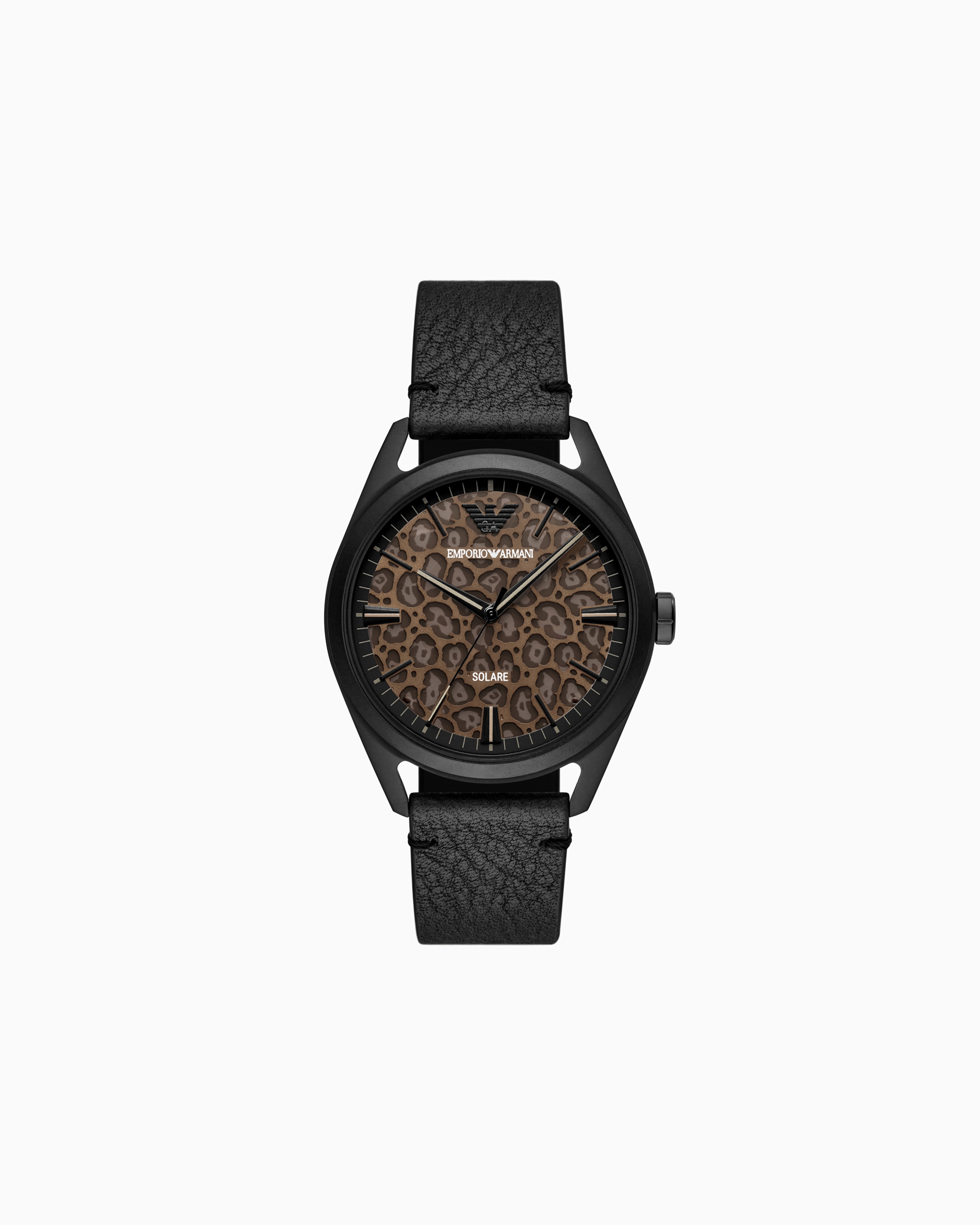 EMPORIO ARMANI SOLAR-POWERED THREE-HAND BLACK LEATHER WATCH 