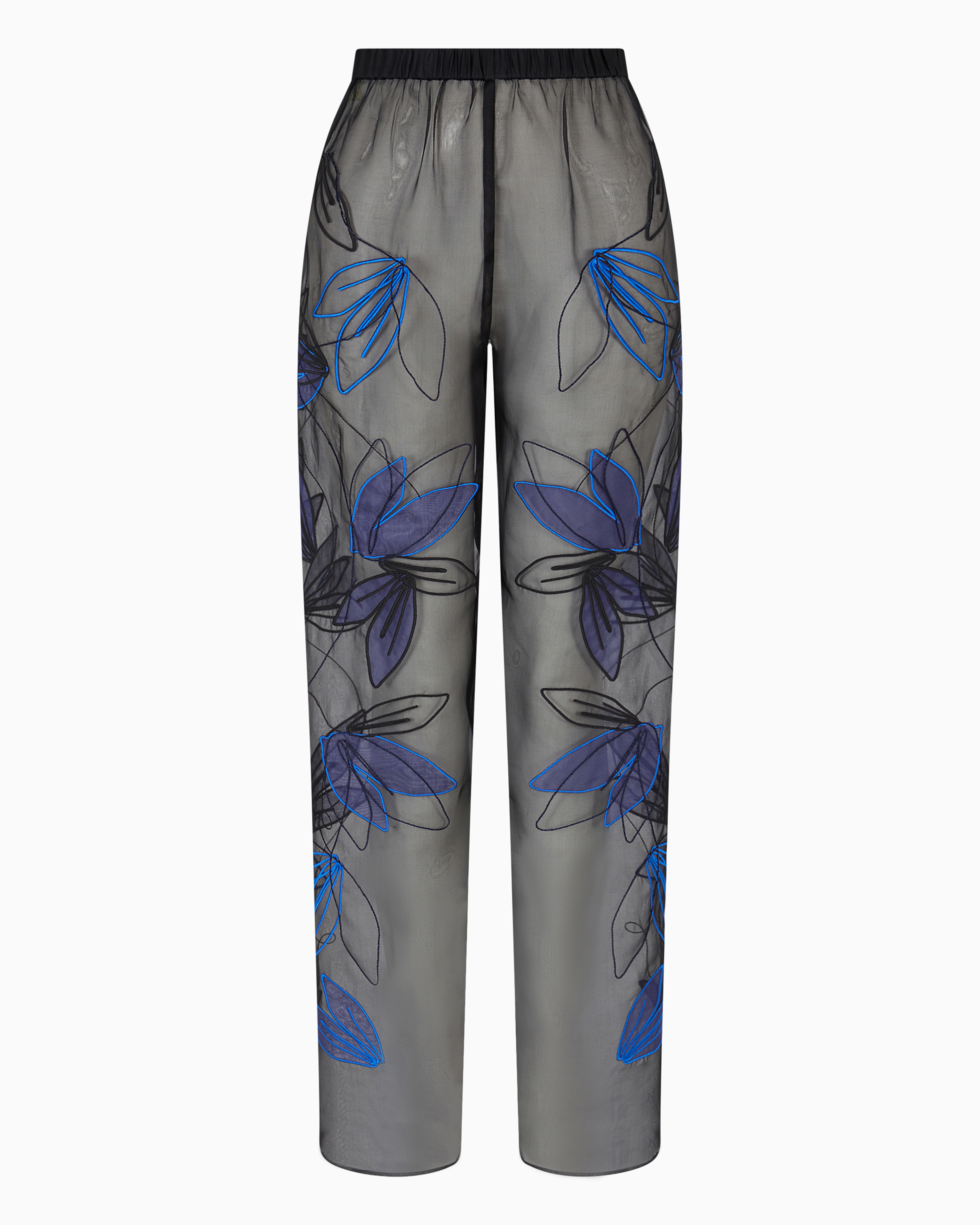 Emporio Armani Official Store Pure Silk Organza Elasticated-waist Trousers With Floral Embroidery In Black