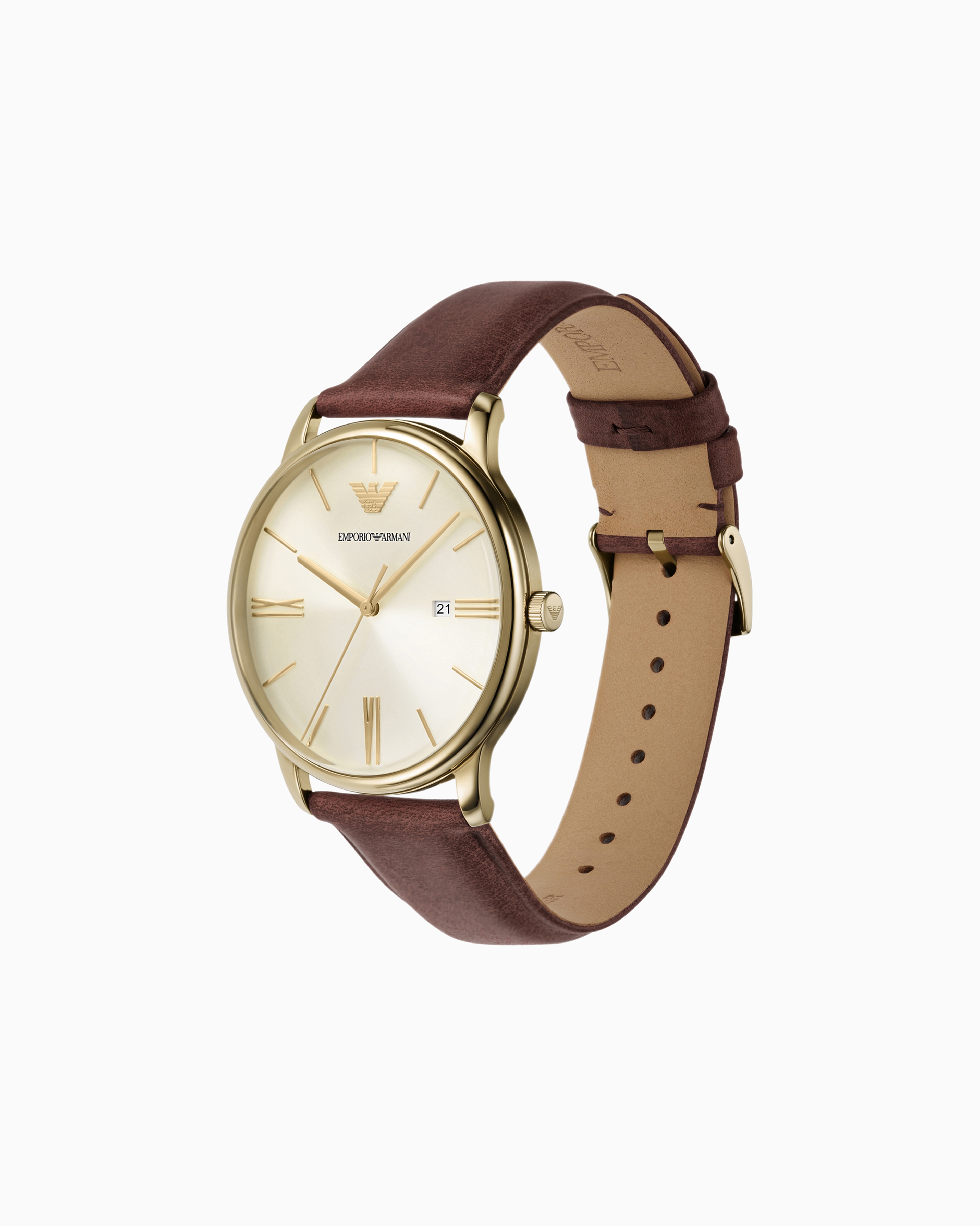 Shop Emporio Armani Three-hand Date Brown Leather Watch In Multicoloured