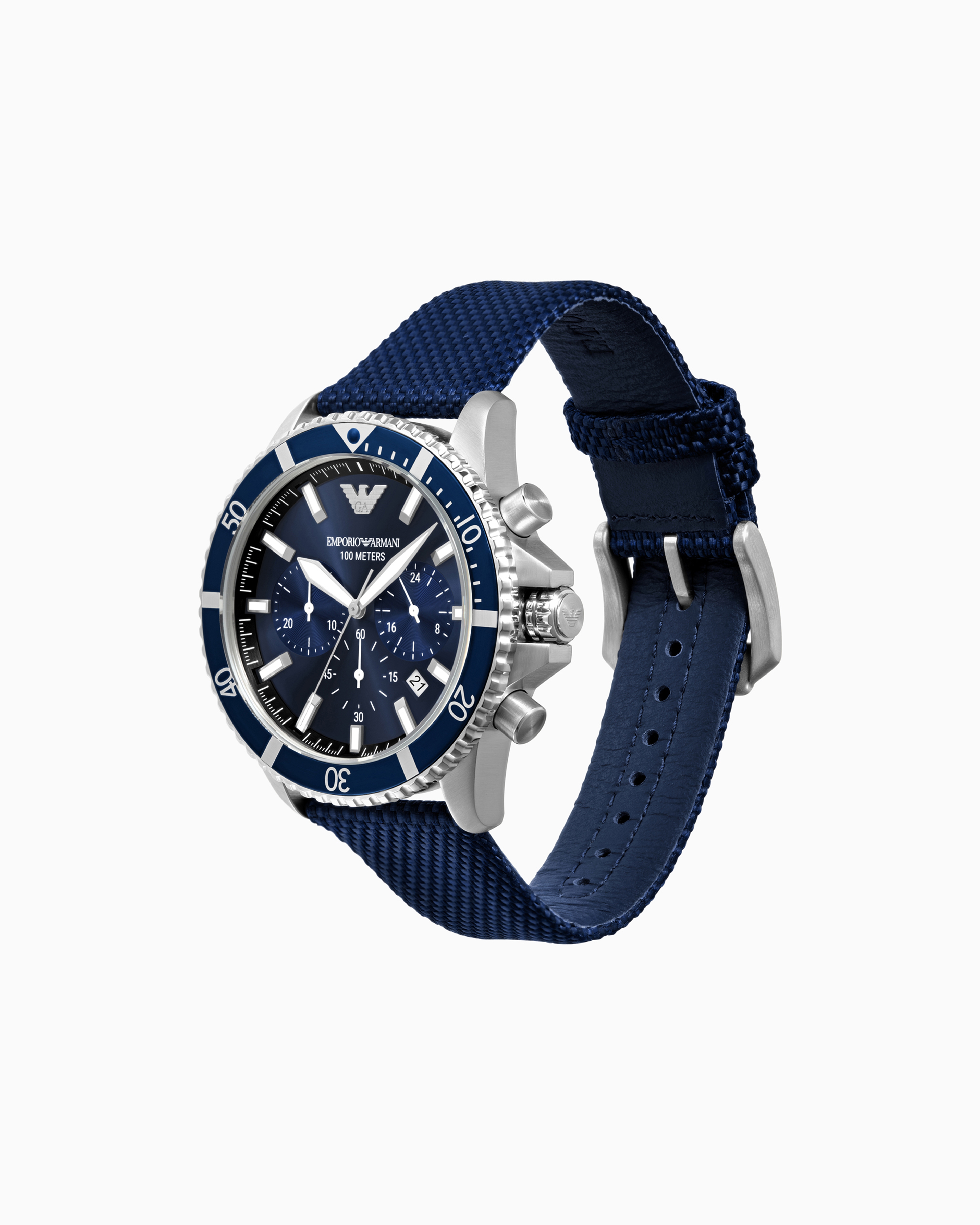 EMPORIO ARMANI CHRONOGRAPH BLUE NYLON AND LEATHER WATCH 