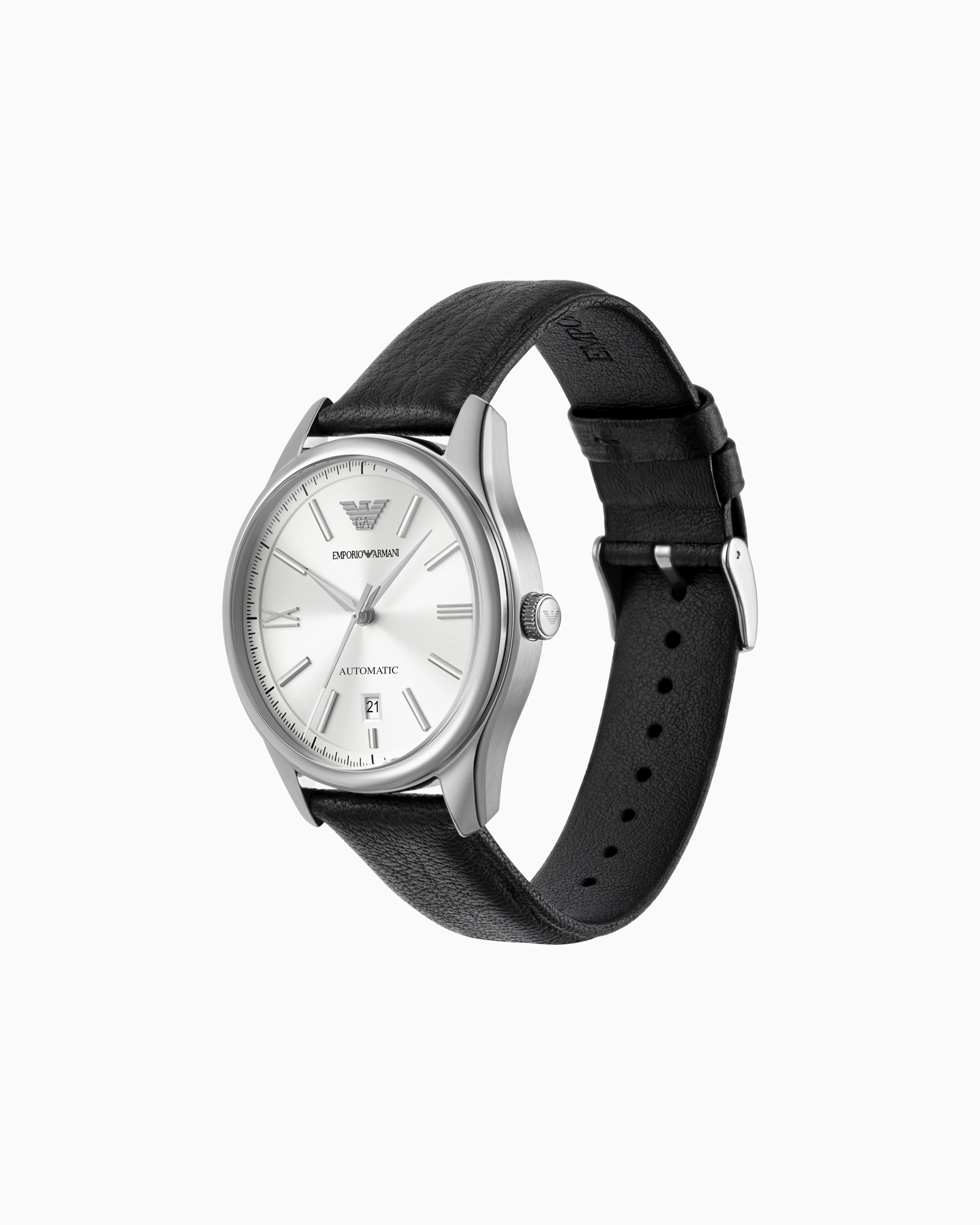 Emporio Armani Automatic Three-hand Date Black Leather Watch In Multicoloured