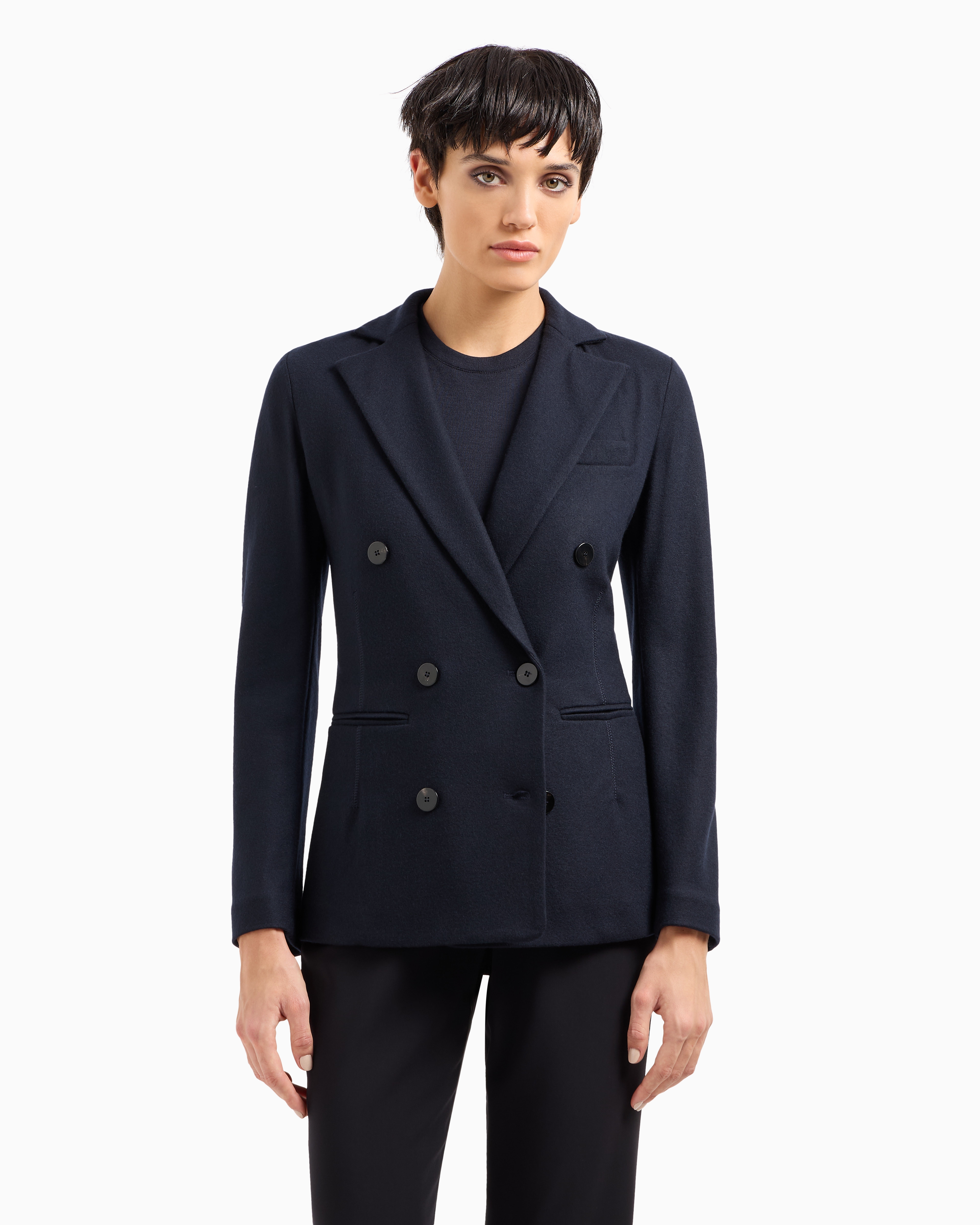 Giorgio Armani Official Store Pure Cashmere Jersey Double-breasted Jacket In Navy Blue