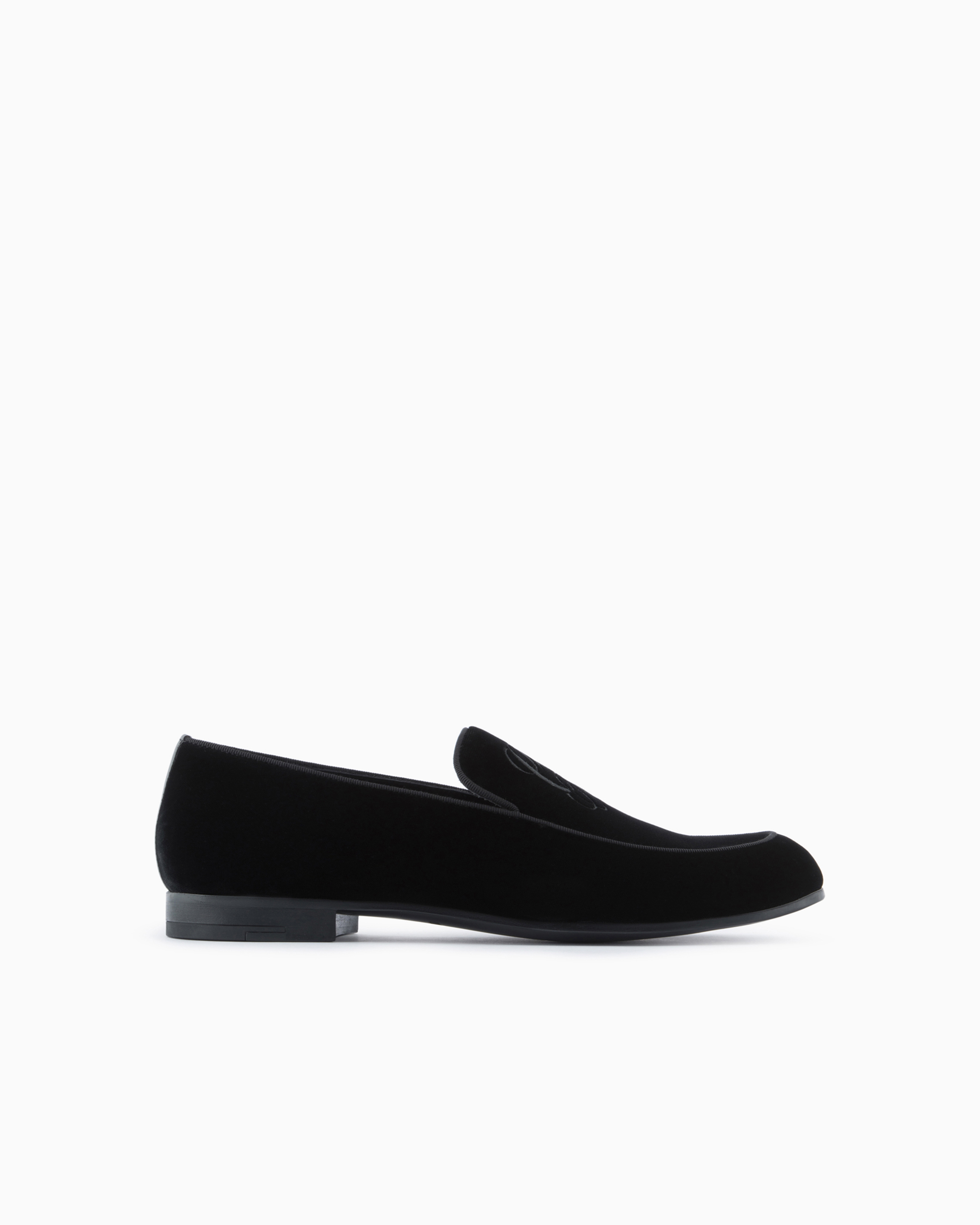 Giorgio Armani Official Store Velvet Loafers With Embroidered Logo In Black