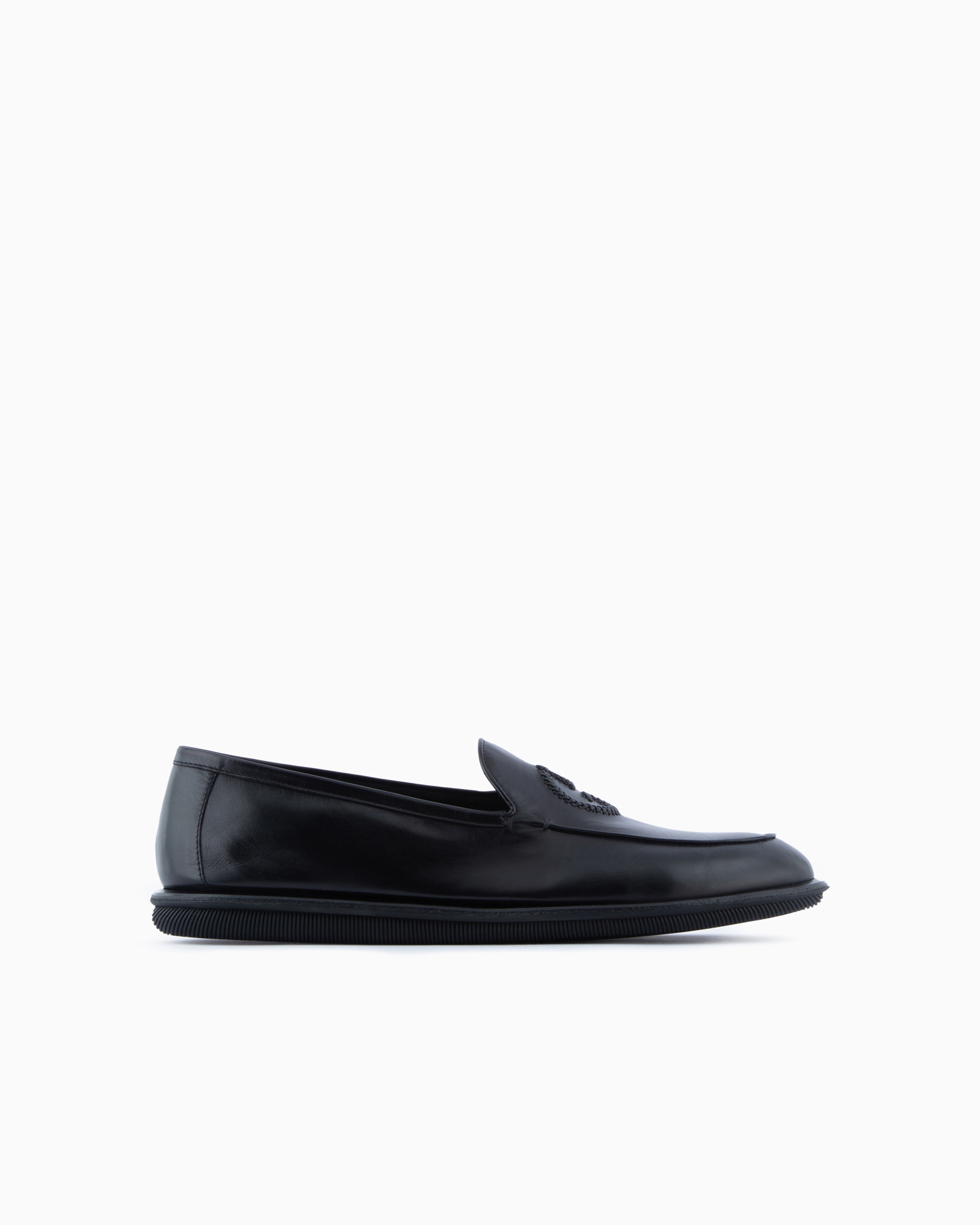 Giorgio Armani Official Store Antique-leather Loafers With Embroidered Logo In Black