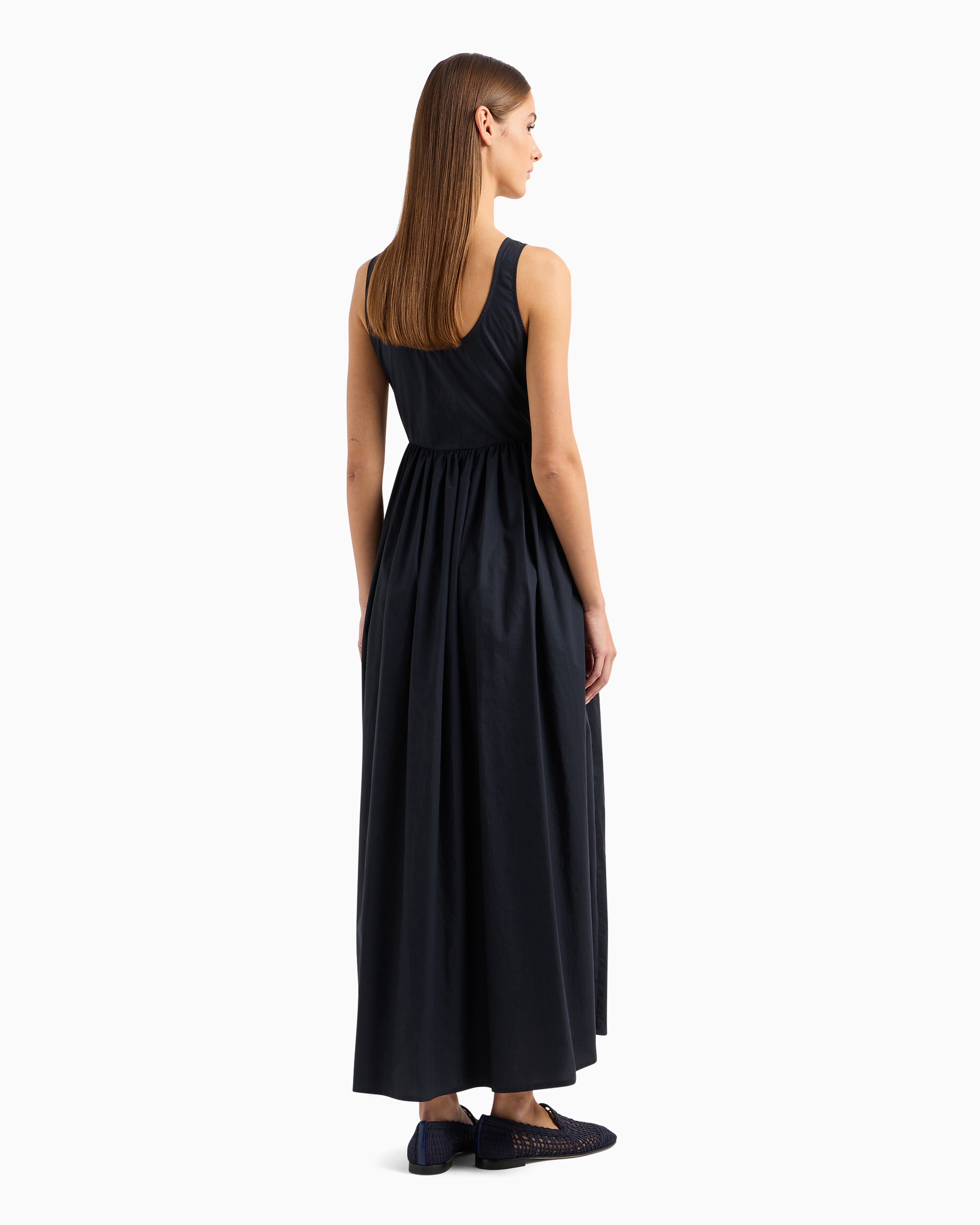 Shop Emporio Armani Long, Full-skirted Poplin Dress With Gathered Waist In Navy Blue