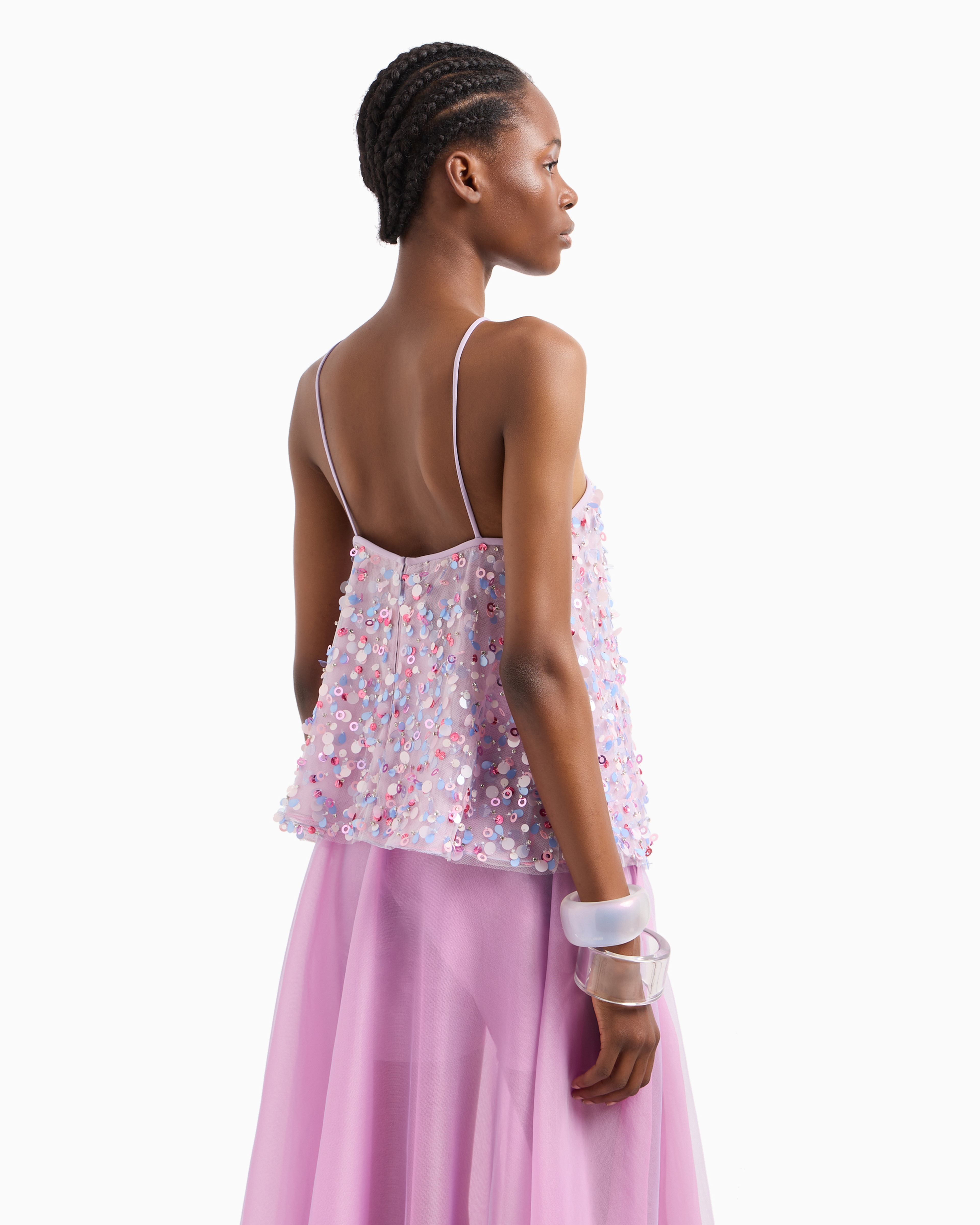 Emporio Armani Official Store Ruffled Tulle Top And Multicoloured Sequin Embroidery In Bunt