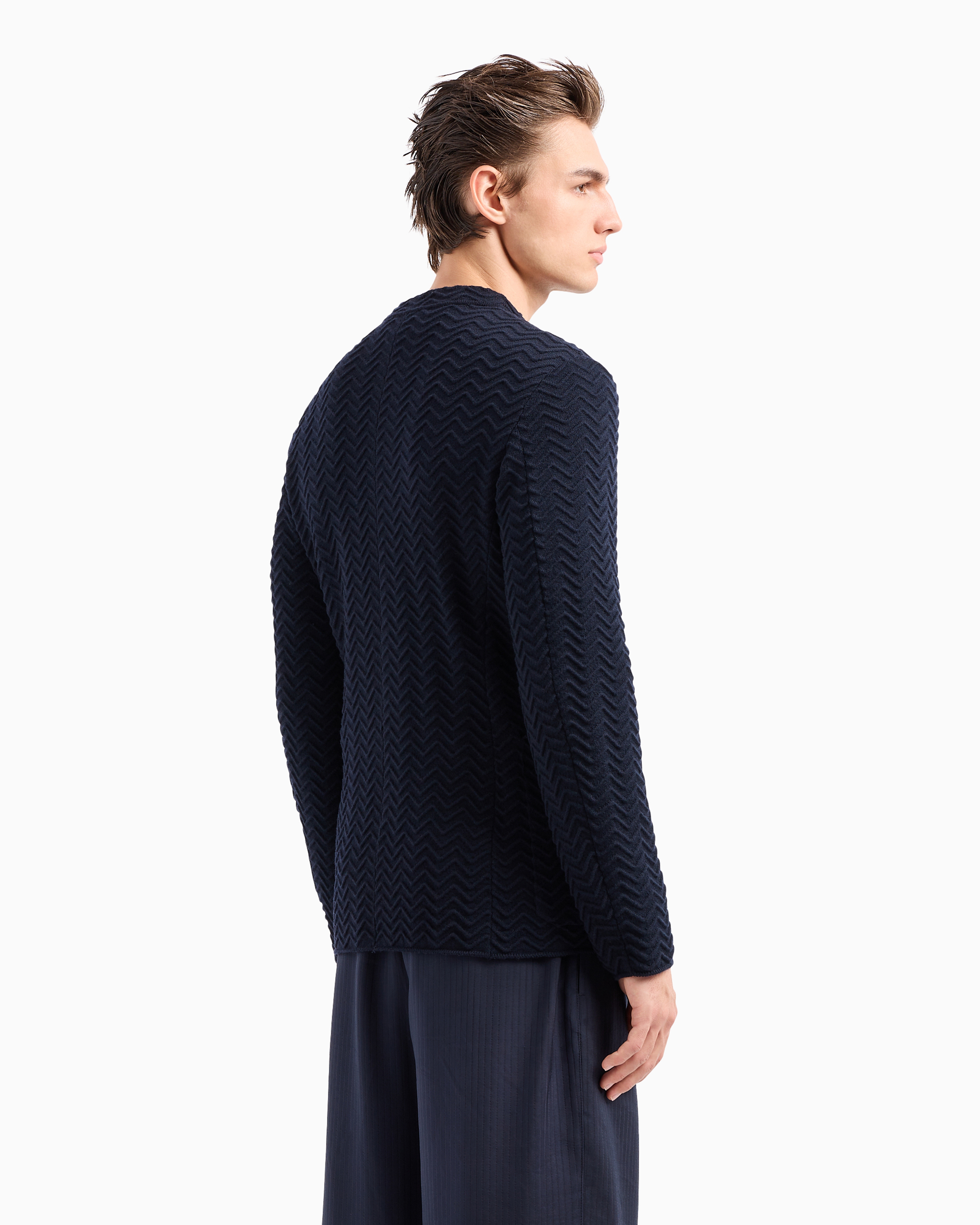 Shop Giorgio Armani Single-breasted Jacket In Chevron Ottoman Wool In Midnight Blue