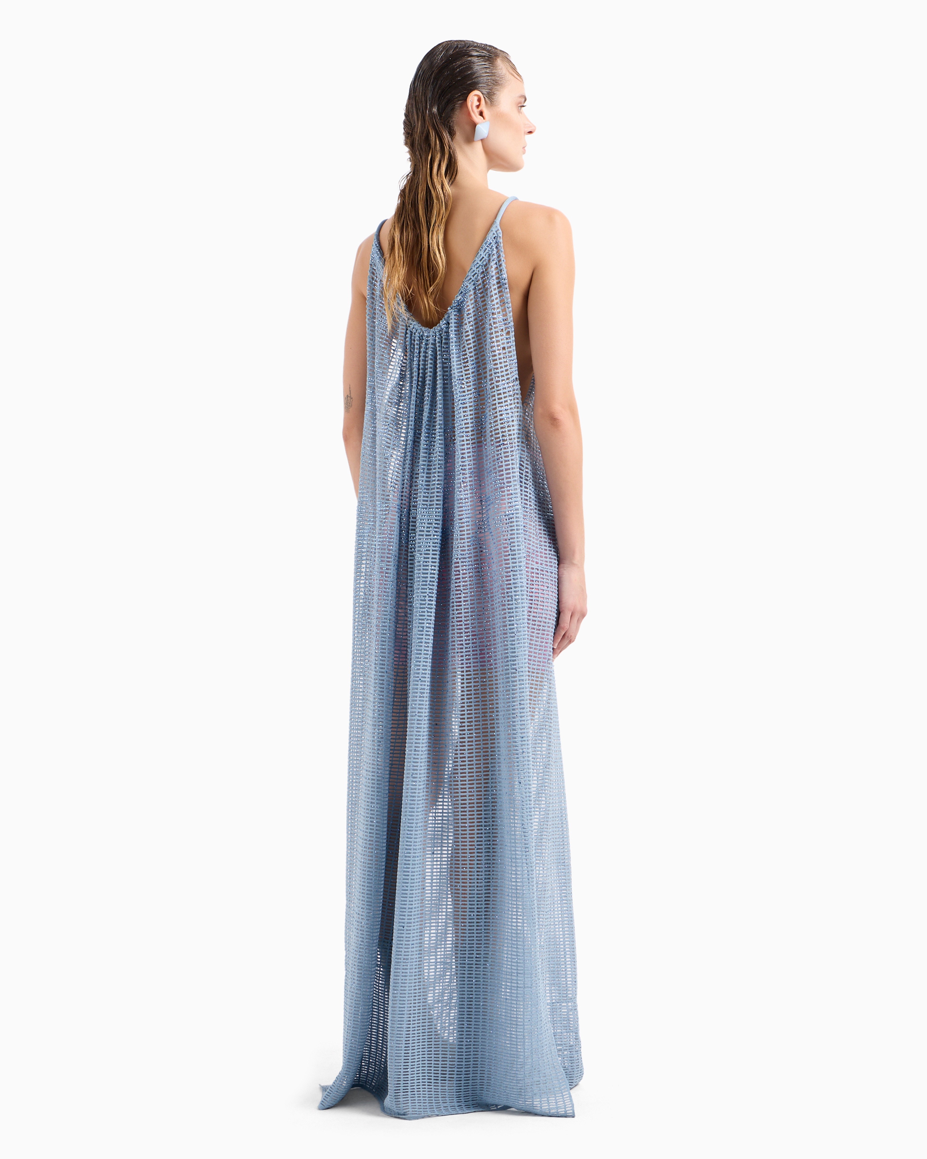 Emporio Armani Official Store Plain Knit And Ottoman Long Dress With All-over Rhinestones In Avio
