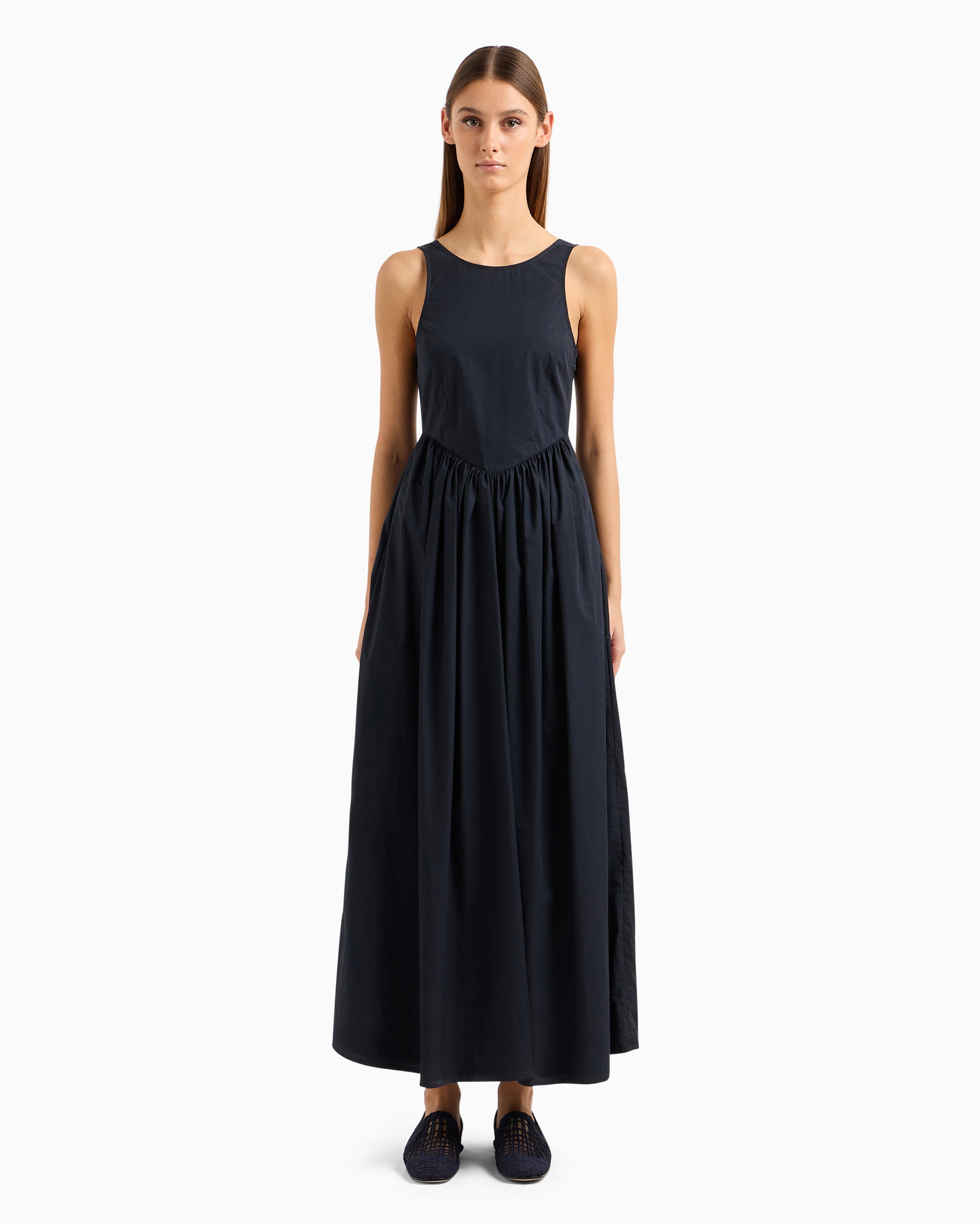 Shop Emporio Armani Long, Full-skirted Poplin Dress With Gathered Waist In Navy Blue