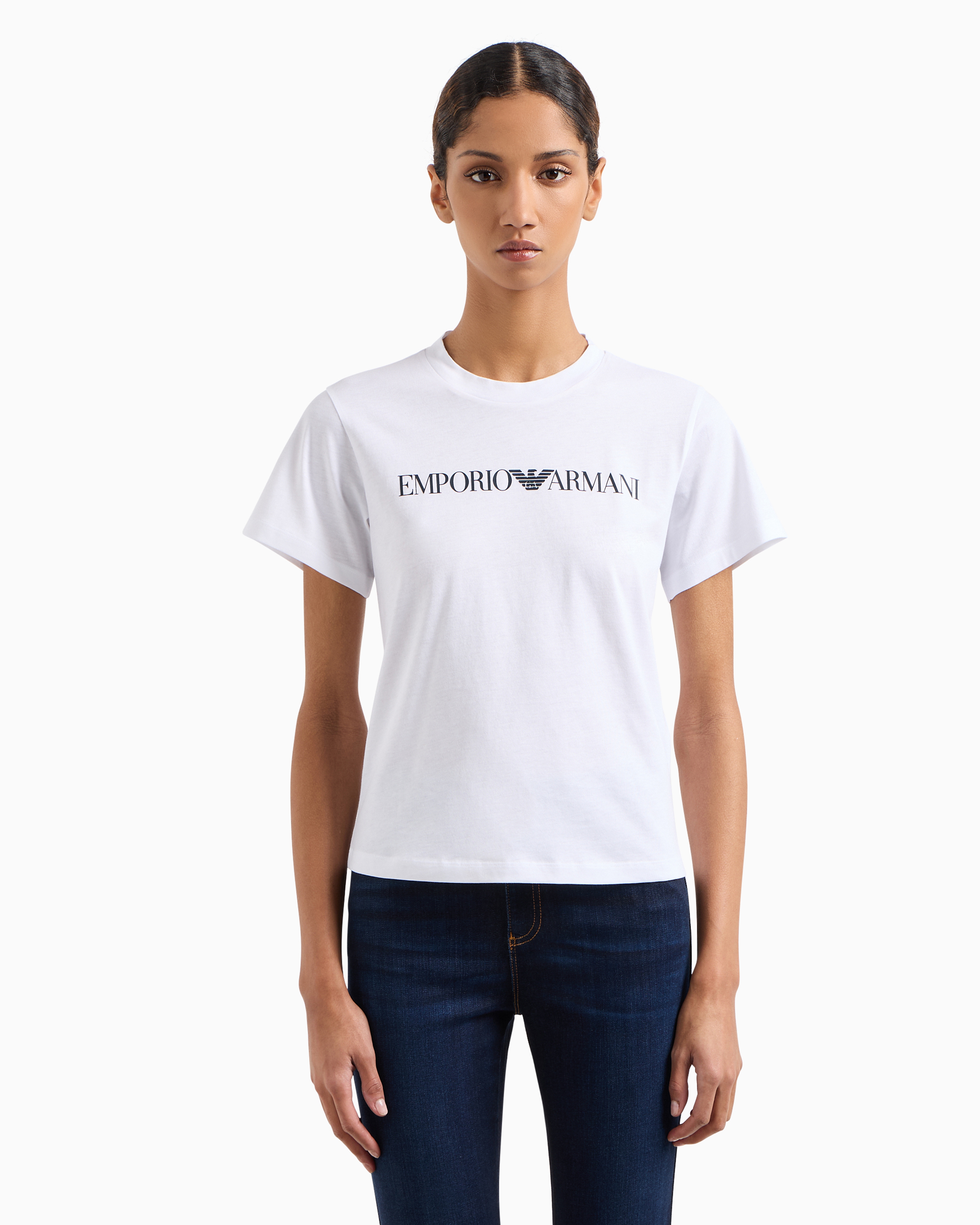 Emporio Armani Official Store Armani Sustainability Values Organic-jersey T-shirt With Logo Print In White Logo