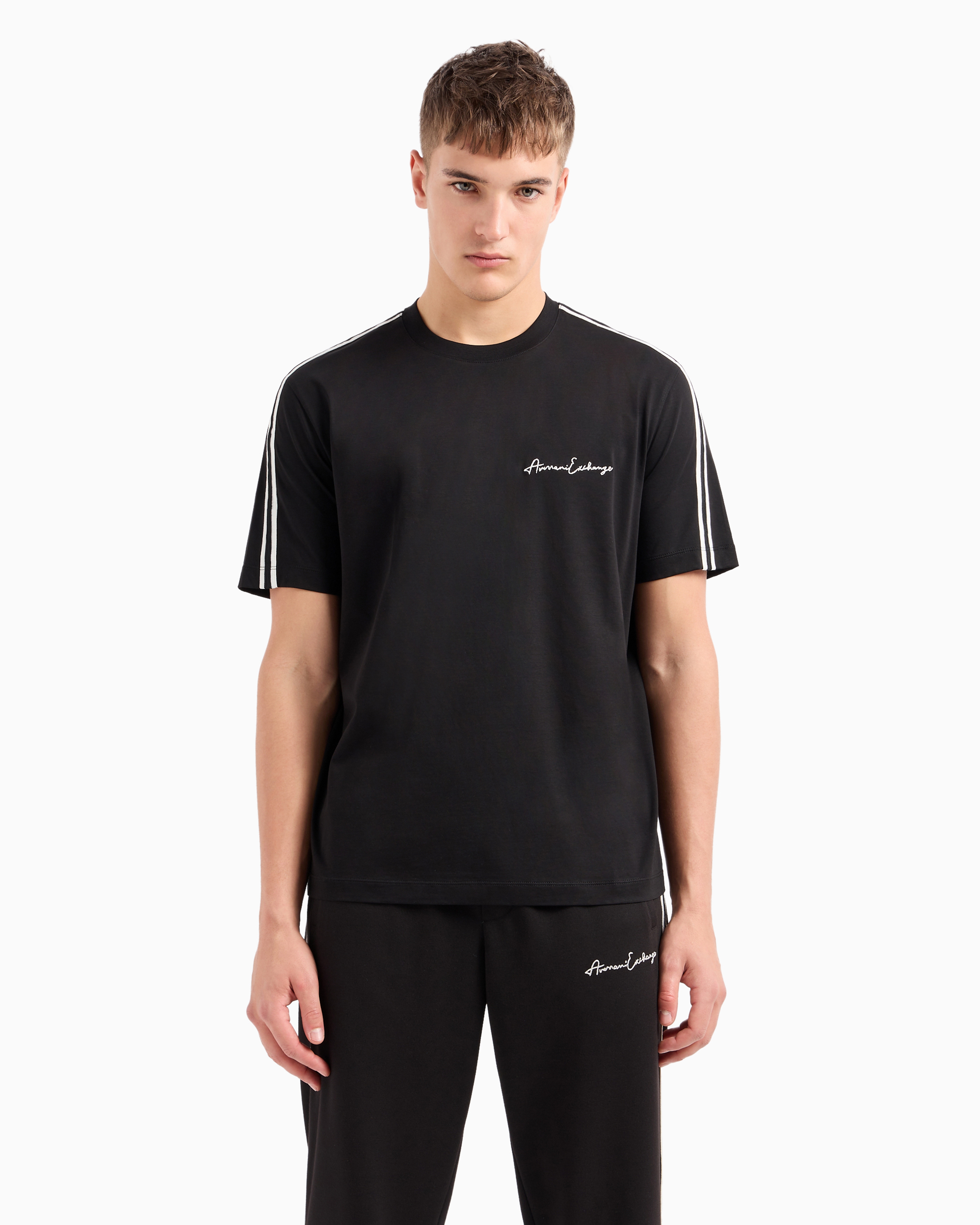 Armani Exchange Official Store Signature Logo Crew Neck T-shirt In Black