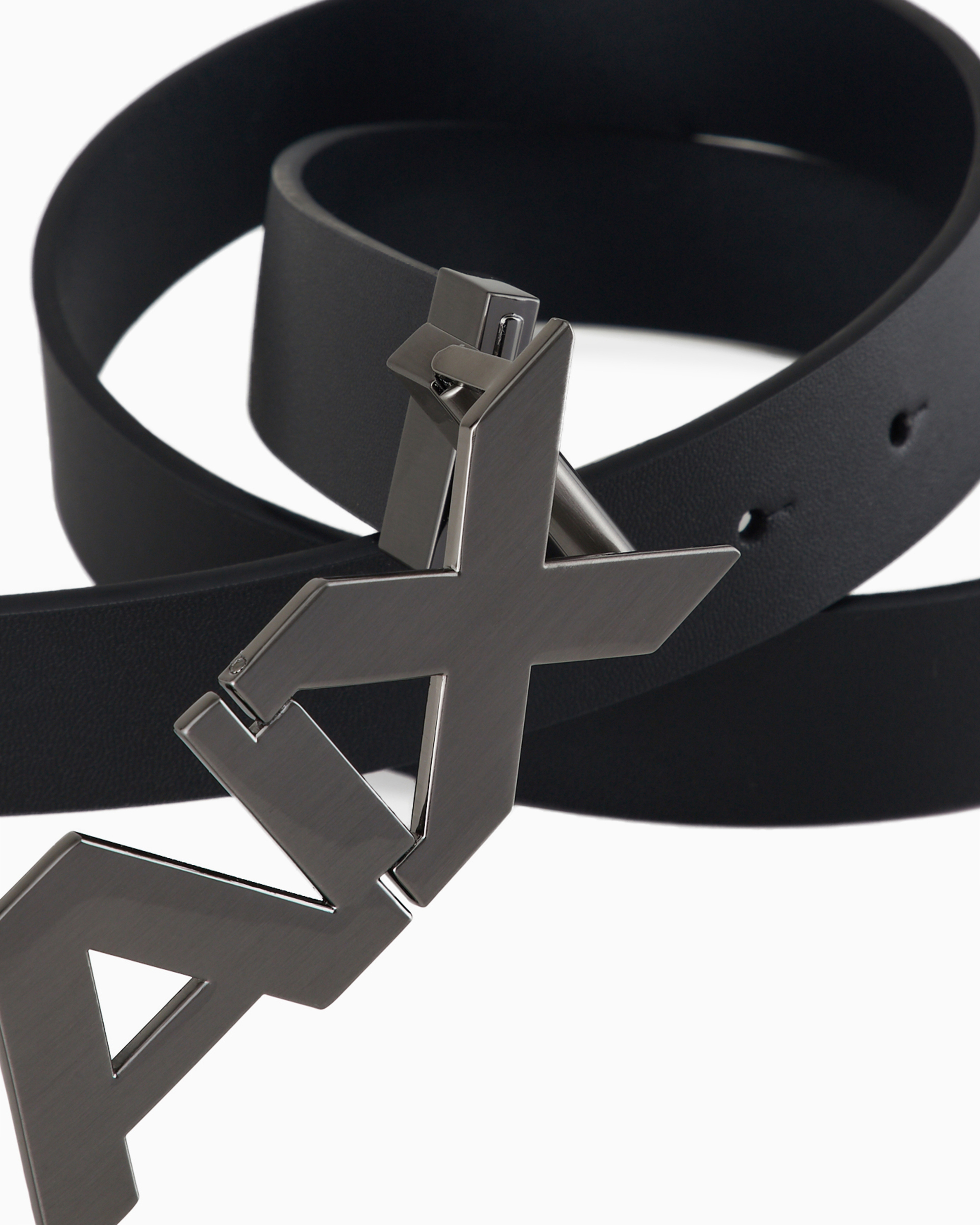 Shop Armani Exchange Reversible Leather Belt With Satin Metal Logo Buckle In Black