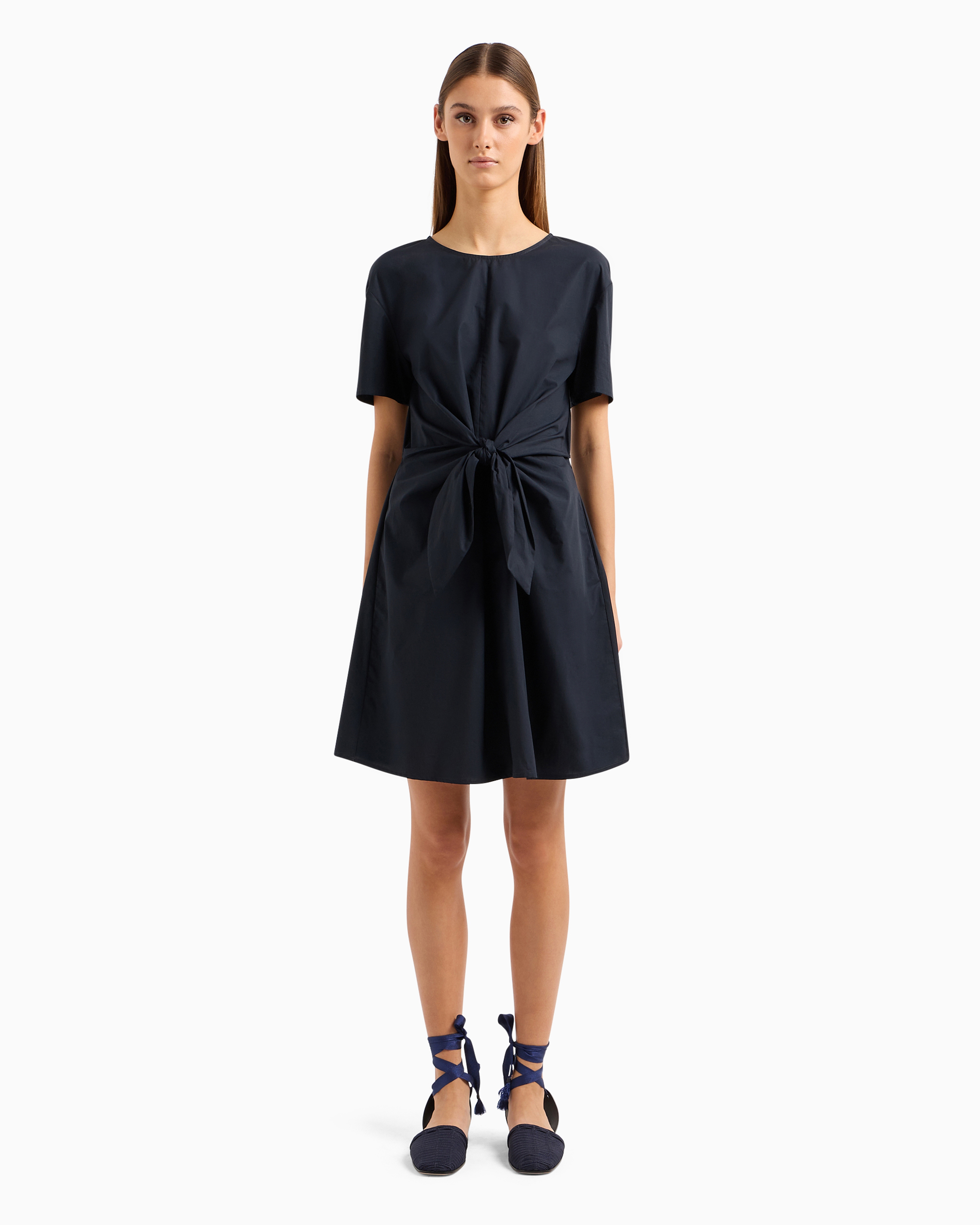 Emporio Armani Official Store Short-sleeved Poplin Shirt Dress With Sash In Navy Blue