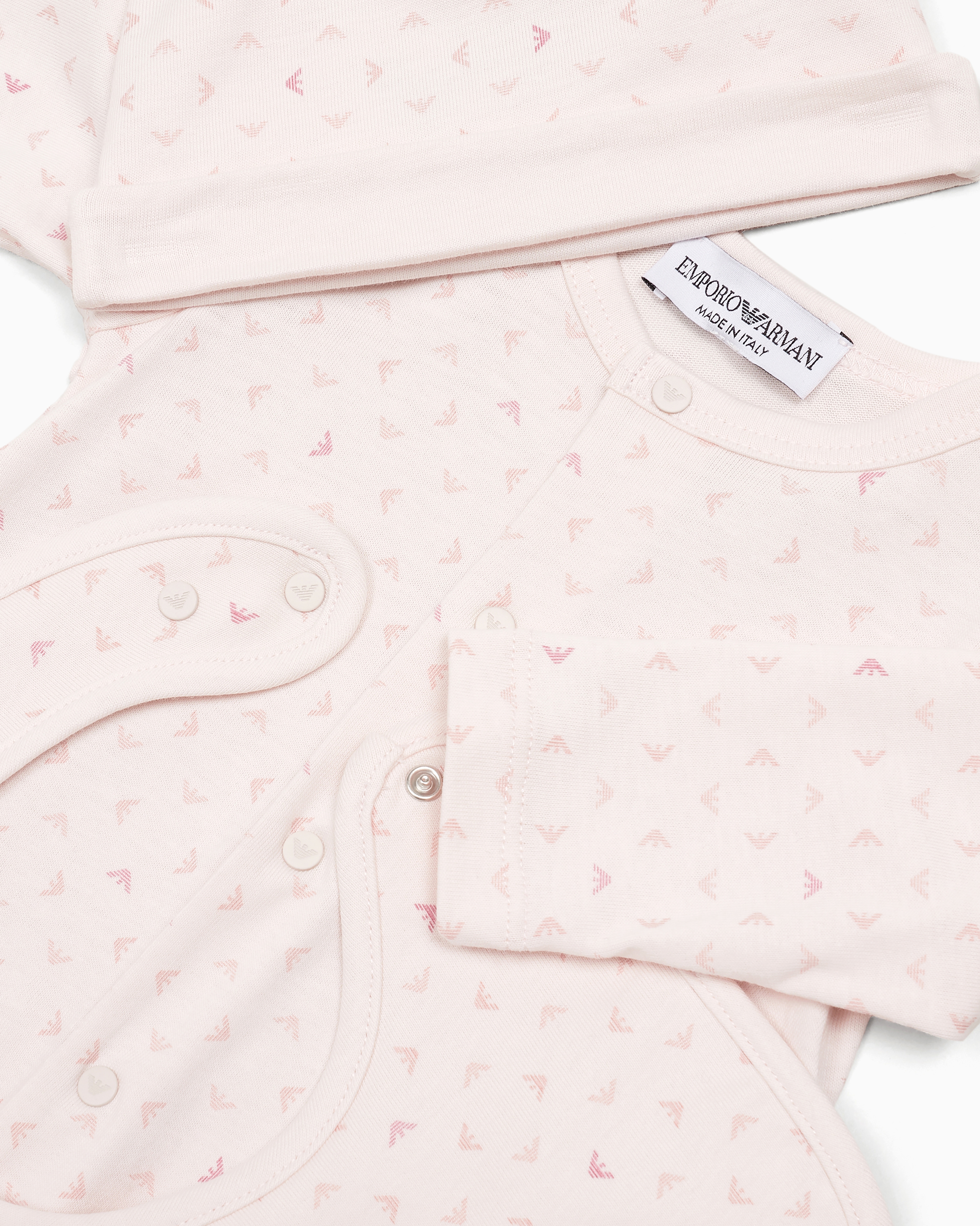 Shop Emporio Armani Gift Set Of An All-over Op-art Eagle Onesie, Bib And Beanie In Pink