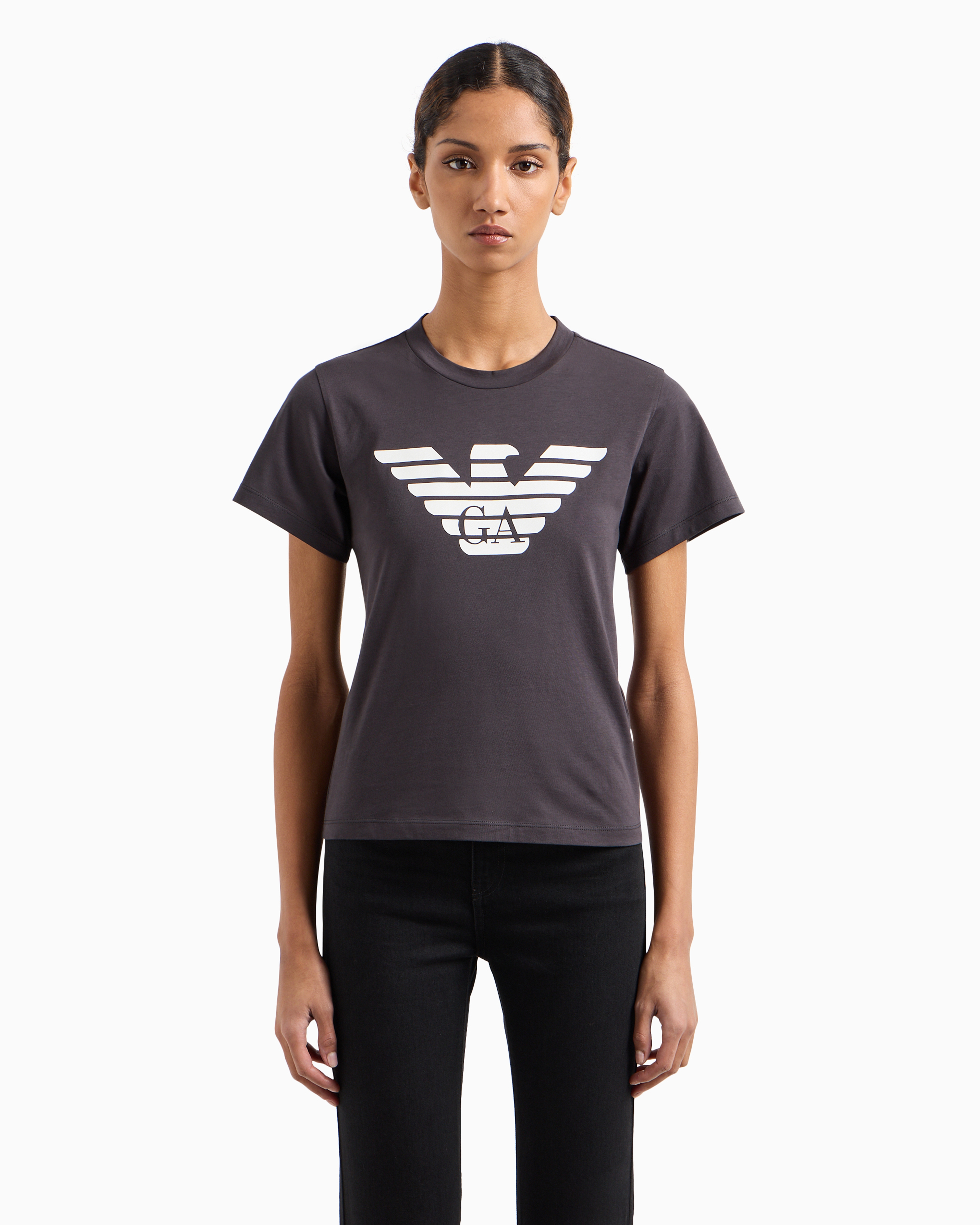 Emporio Armani Official Store Armani Sustainability Values Organic-jersey T-shirt With Logo Print In Navy Blue