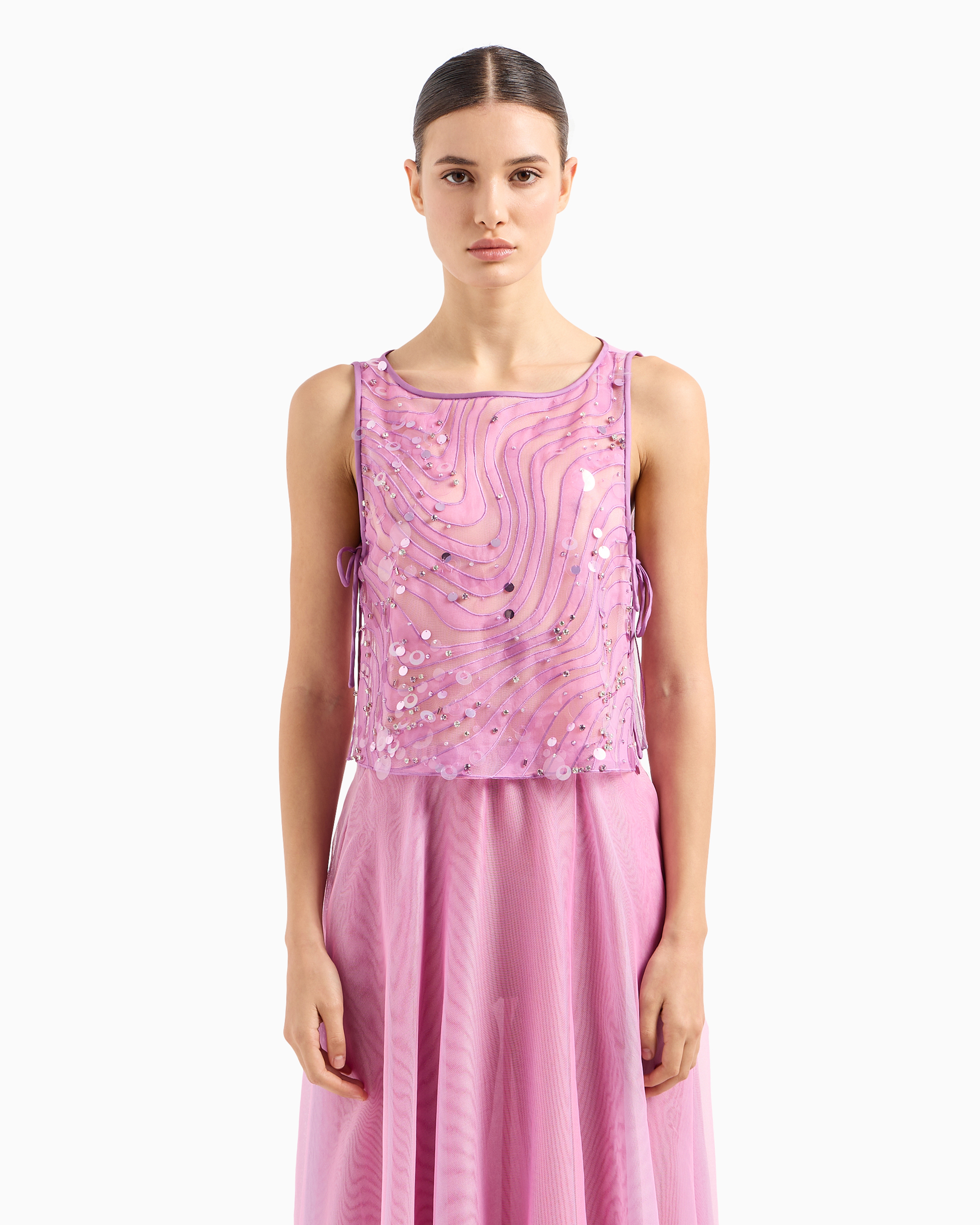 Emporio Armani Official Store Silk Organza Top With Embroidery And Sequins In A Sand Dune Motif In Lilla