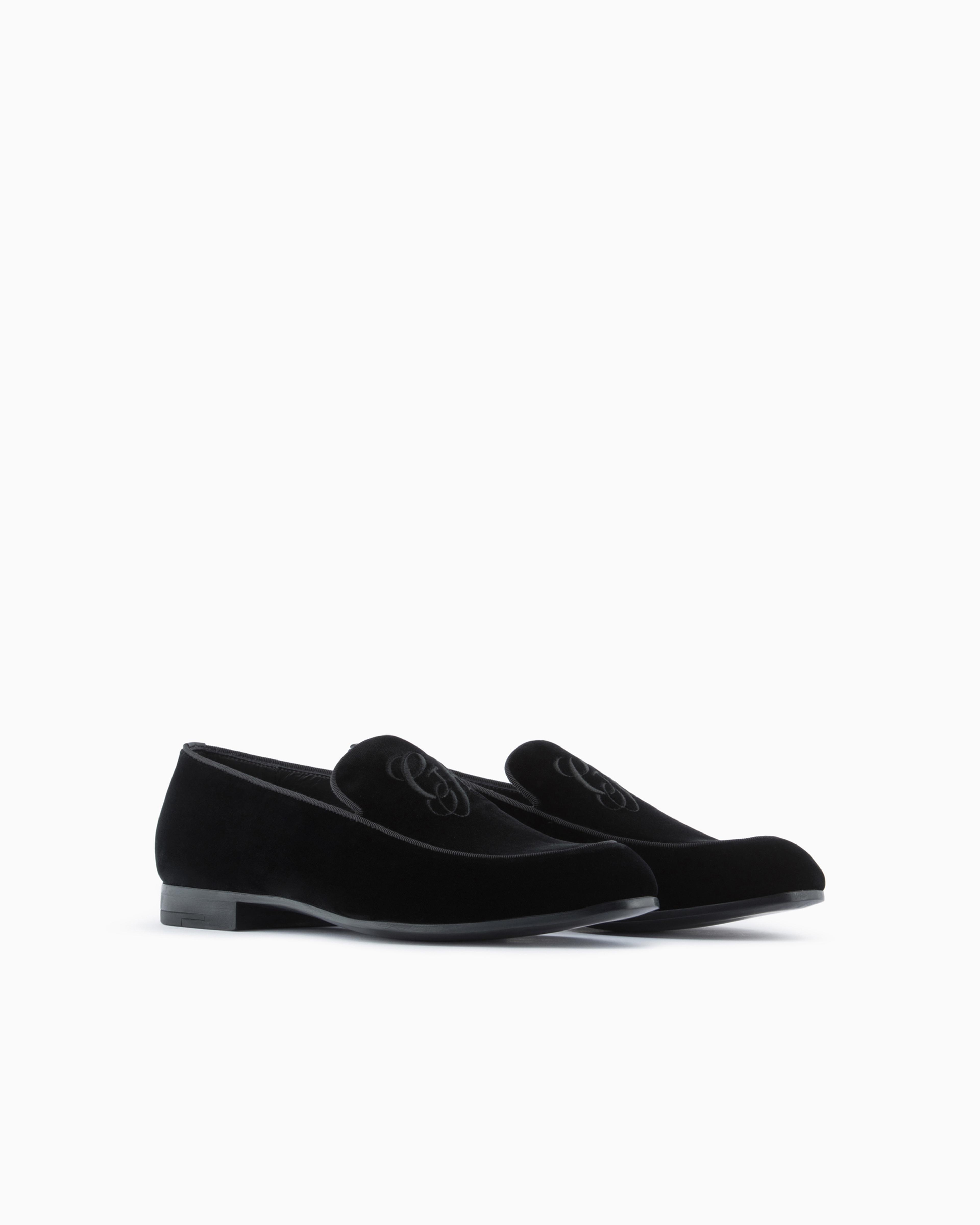 Shop Giorgio Armani Velvet Loafers With Embroidered Logo In Black