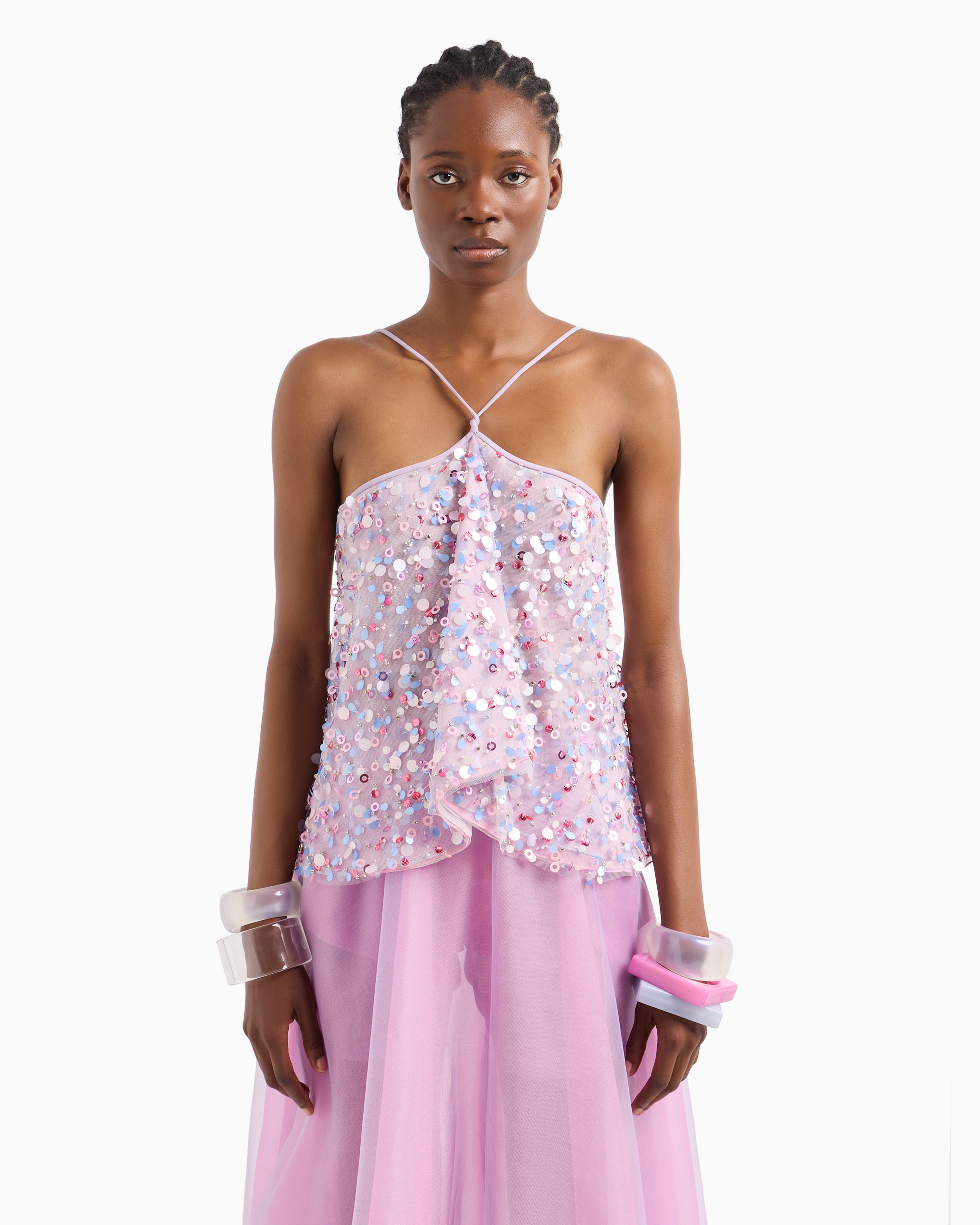 Emporio Armani Official Store Ruffled Tulle Top And Multicoloured Sequin Embroidery In Bunt