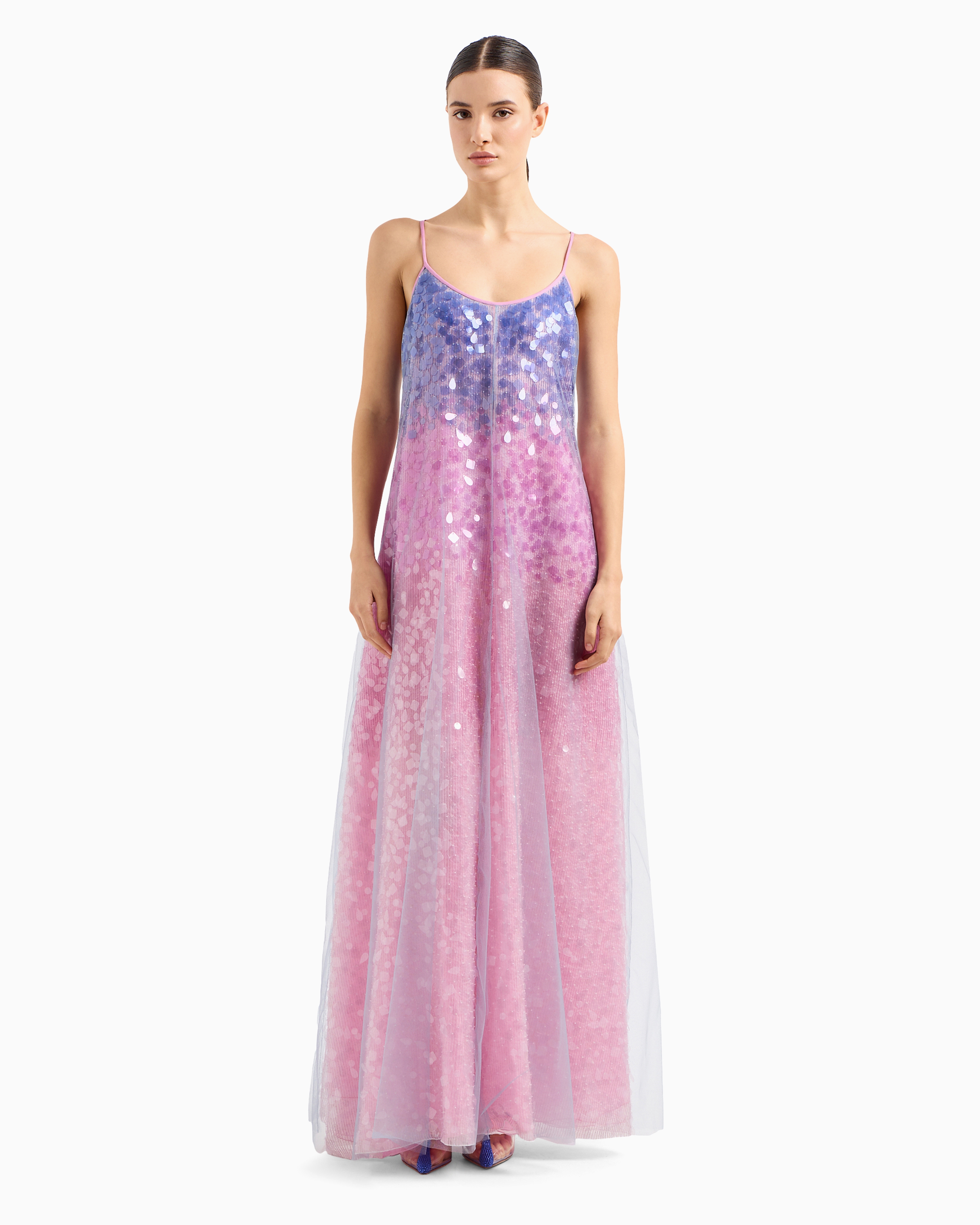 Shop Emporio Armani Silk Organza Dress With Gradient Shade Motif And All-over Bead And Sequin Embroidery In Pattern