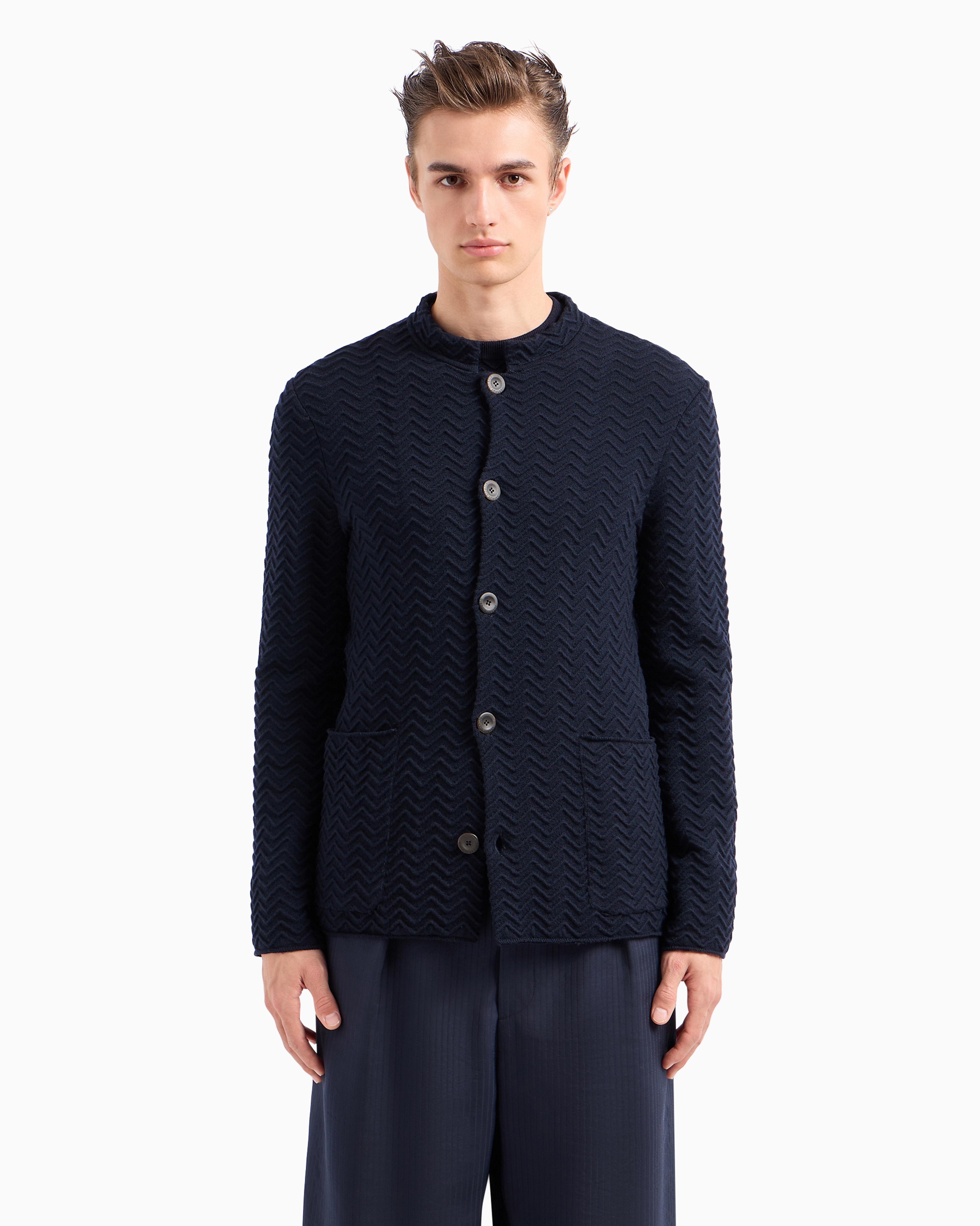 Shop Giorgio Armani Single-breasted Jacket In Chevron Ottoman Wool In Midnight Blue