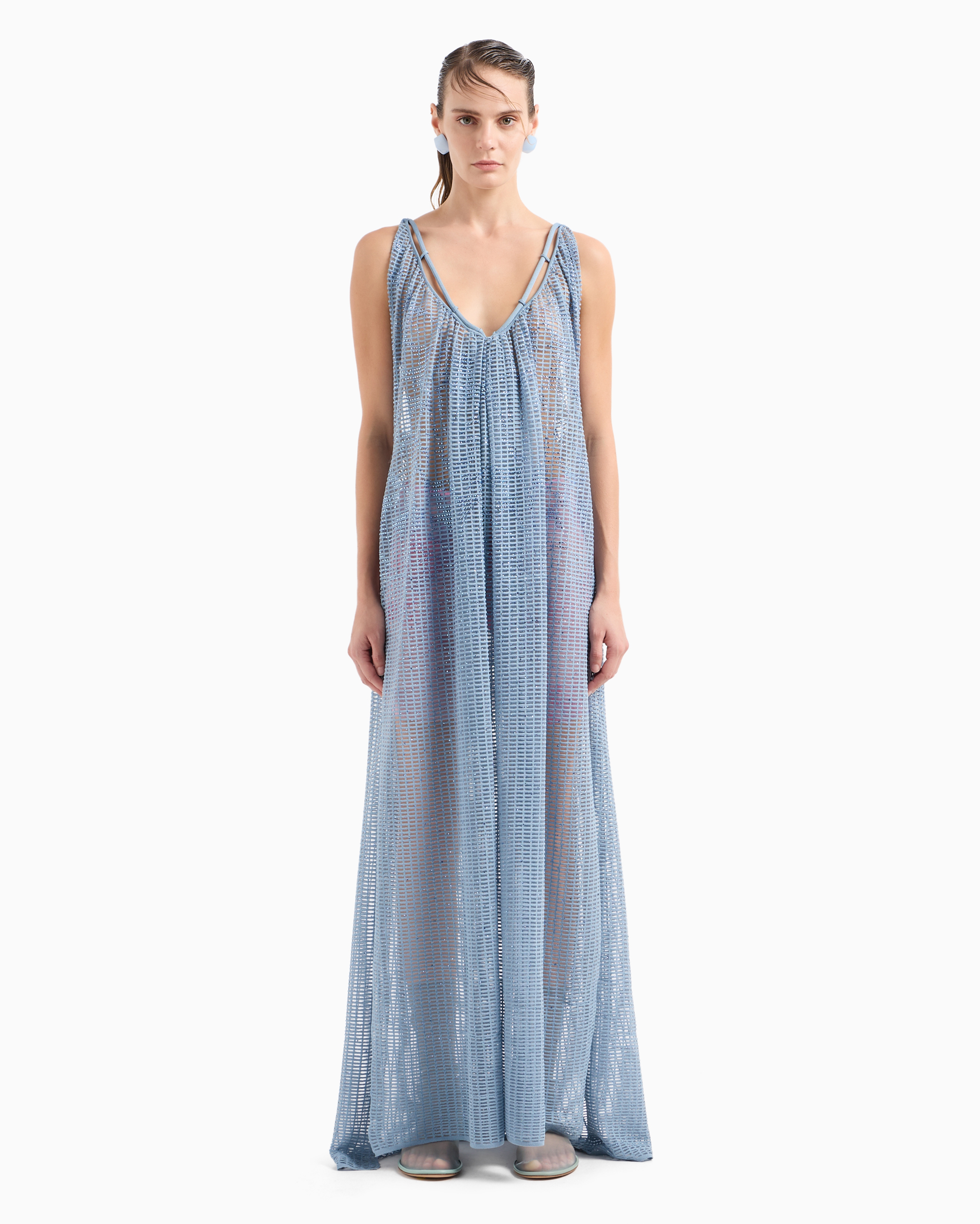 Emporio Armani Official Store Plain Knit And Ottoman Long Dress With All-over Rhinestones In Avio