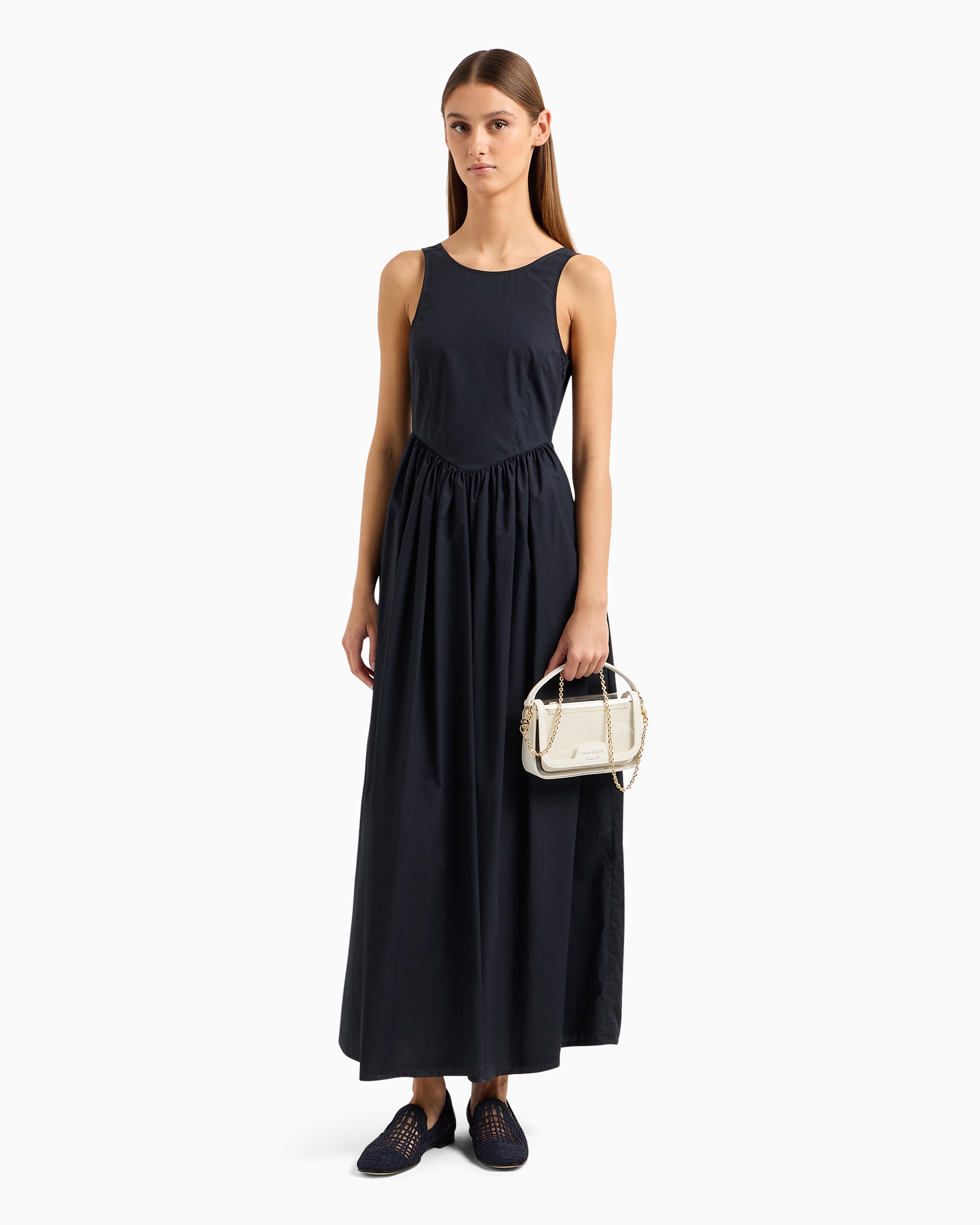 Shop Emporio Armani Long, Full-skirted Poplin Dress With Gathered Waist In Navy Blue