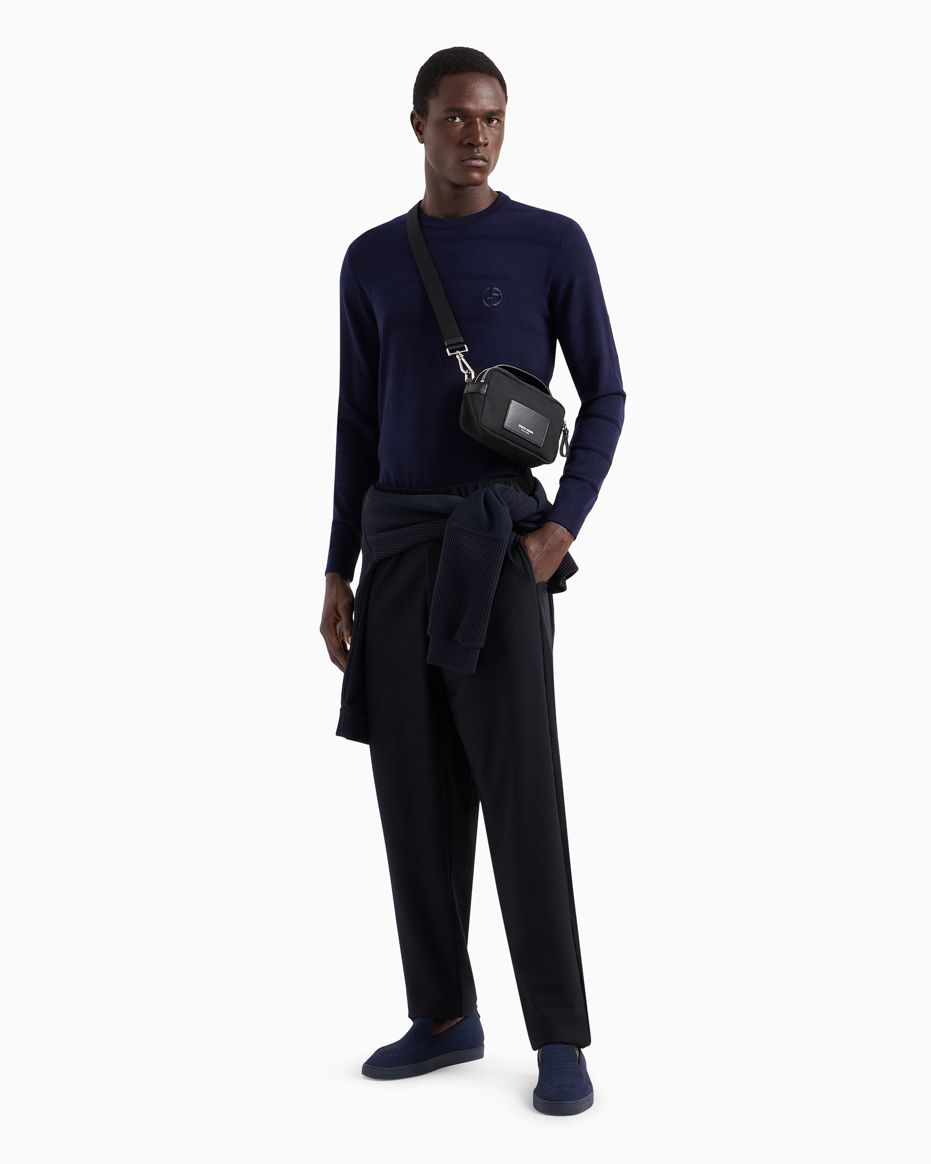 Giorgio Armani Chevron Jacquard Stretch Virgin Wool Flat-front Trousers In Black