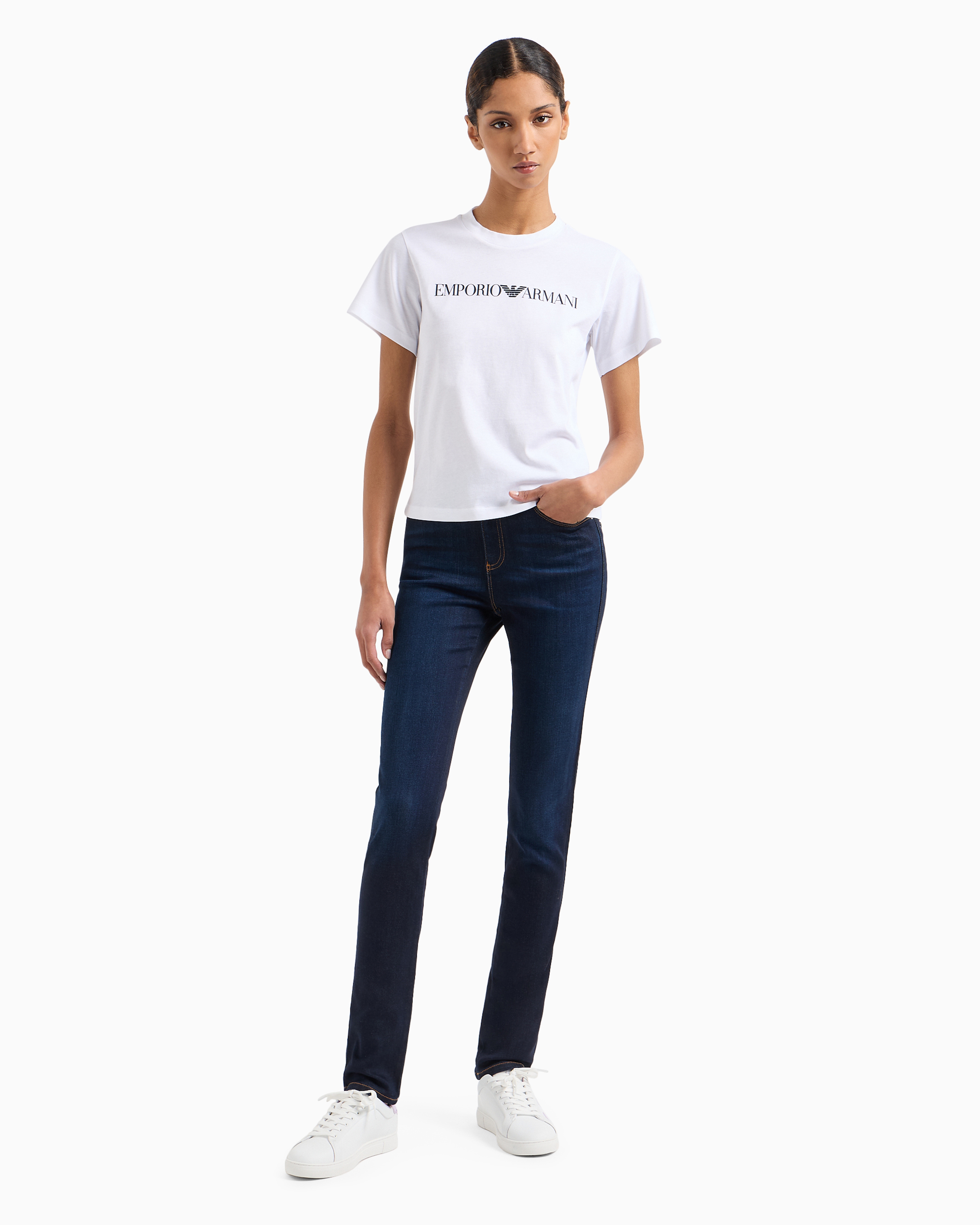 Emporio Armani Official Store Armani Sustainability Values Organic-jersey T-shirt With Logo Print In White Logo
