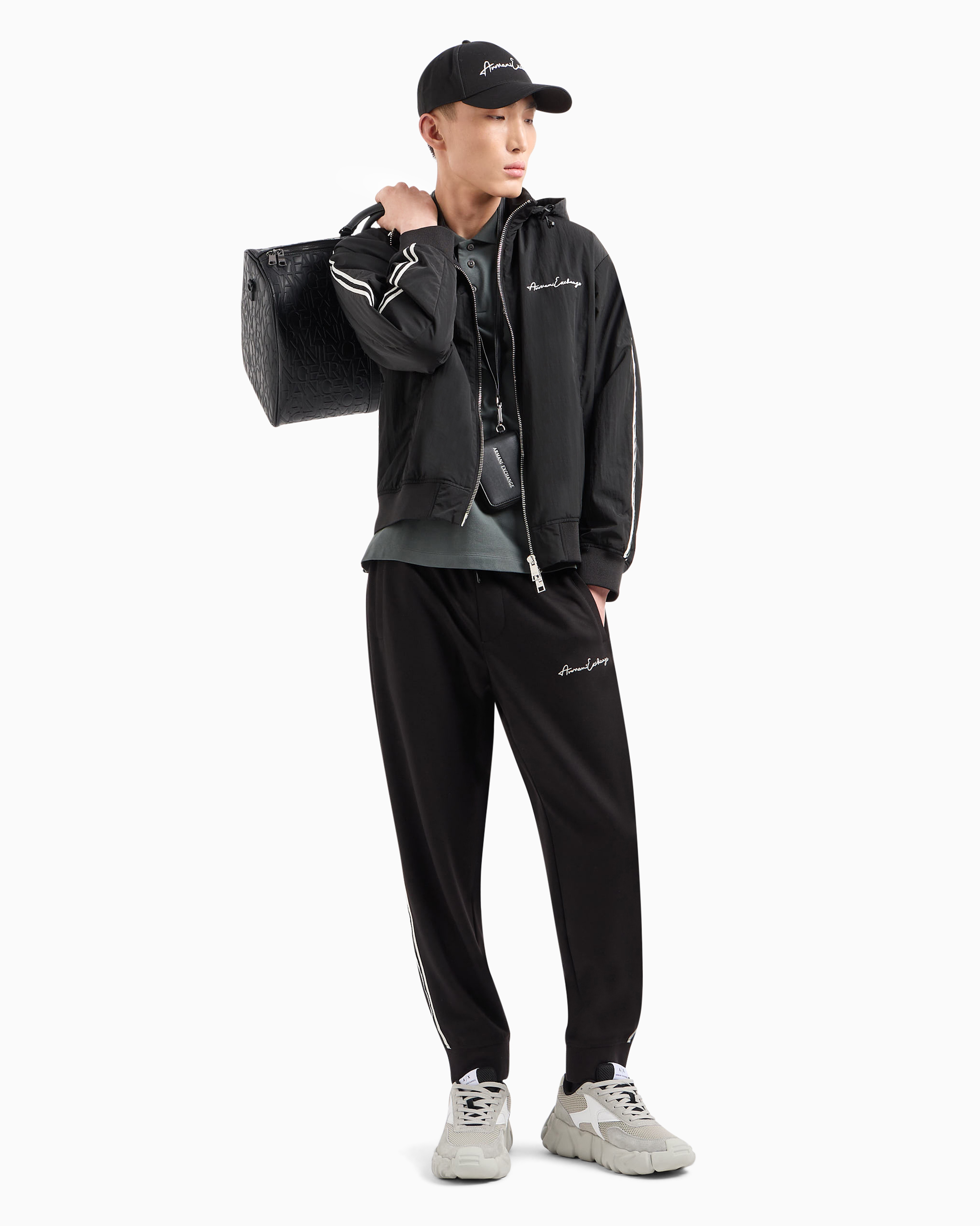 Armani Exchange Official Store Full Zip Blouson In Crinkle Fabric With Logo On The Chest In Black