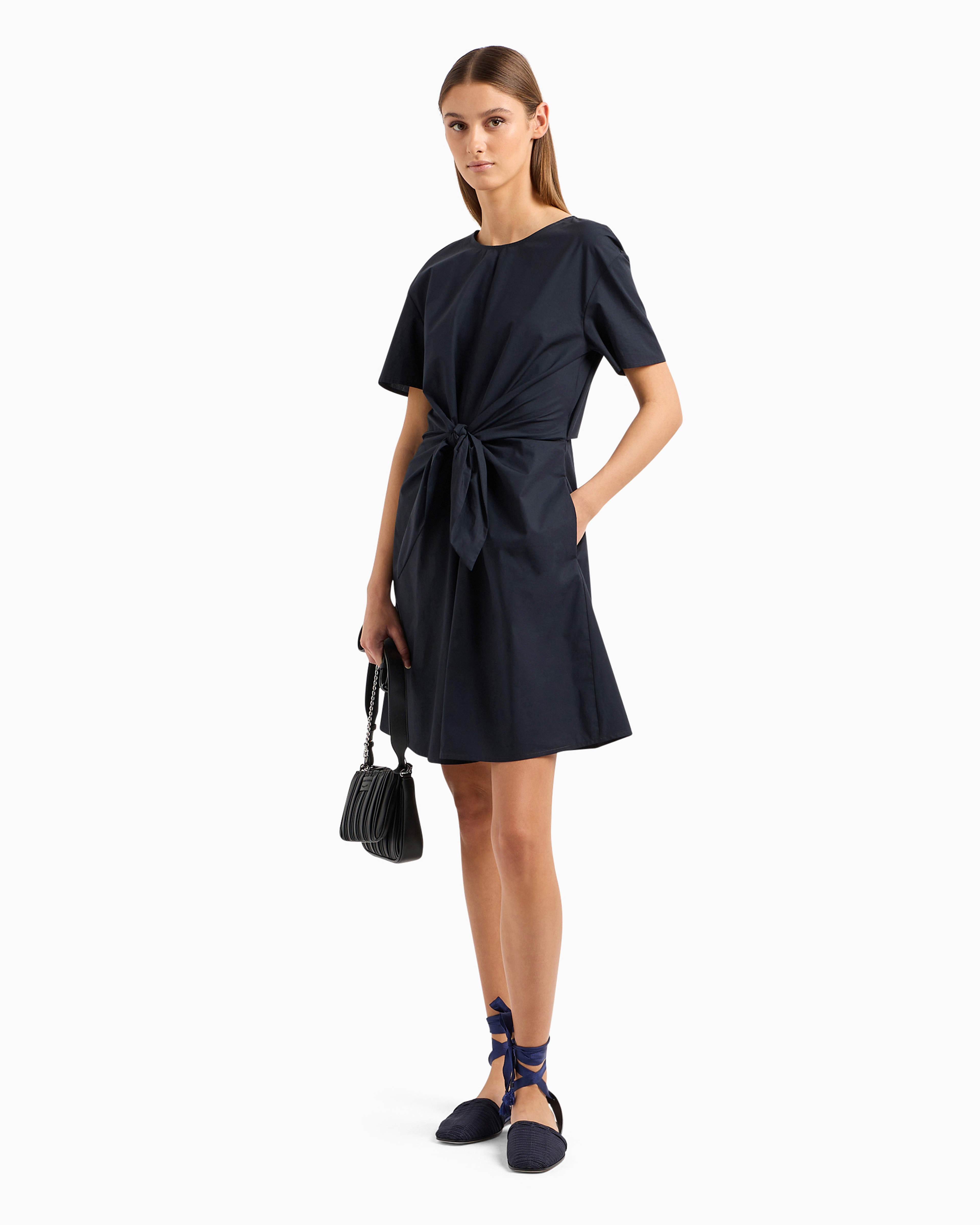 Emporio Armani Official Store Short-sleeved Poplin Shirt Dress With Sash In Navy Blue