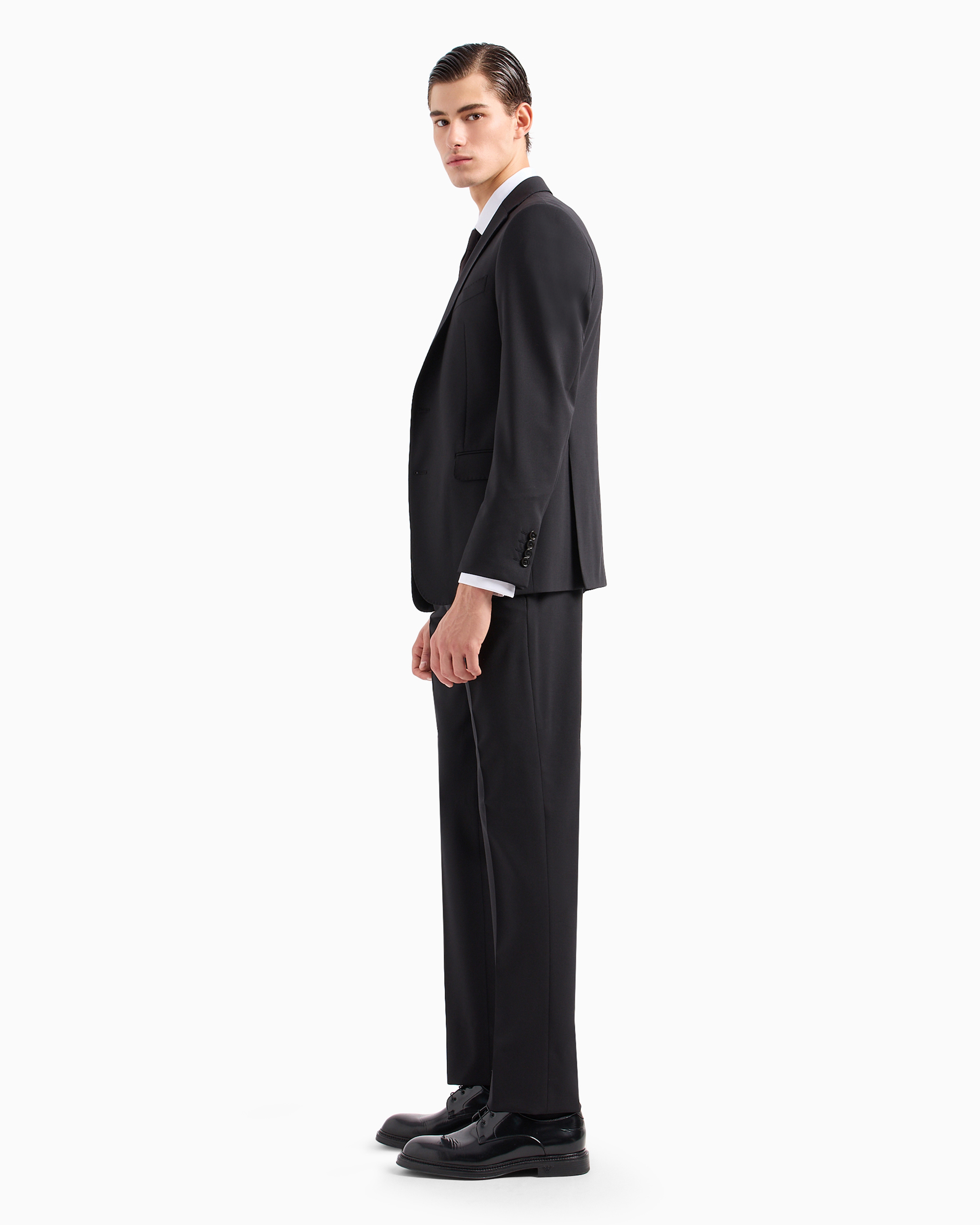 Emporio Armani Tailored Black Virgin Wool Suit With Satin Lapel In Black