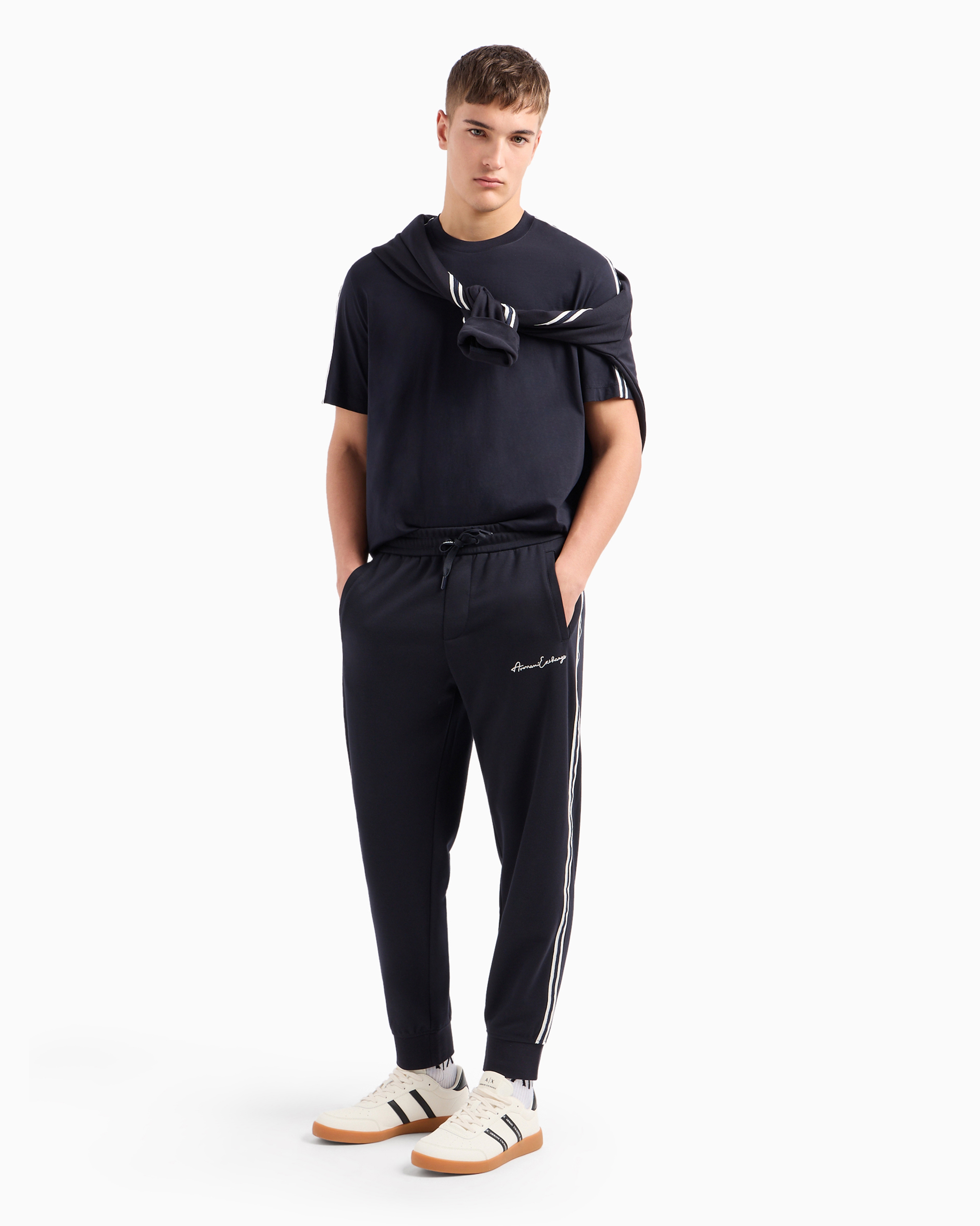 Armani Exchange Official Store Signature Logo Crew Neck T-shirt In Navy Blue