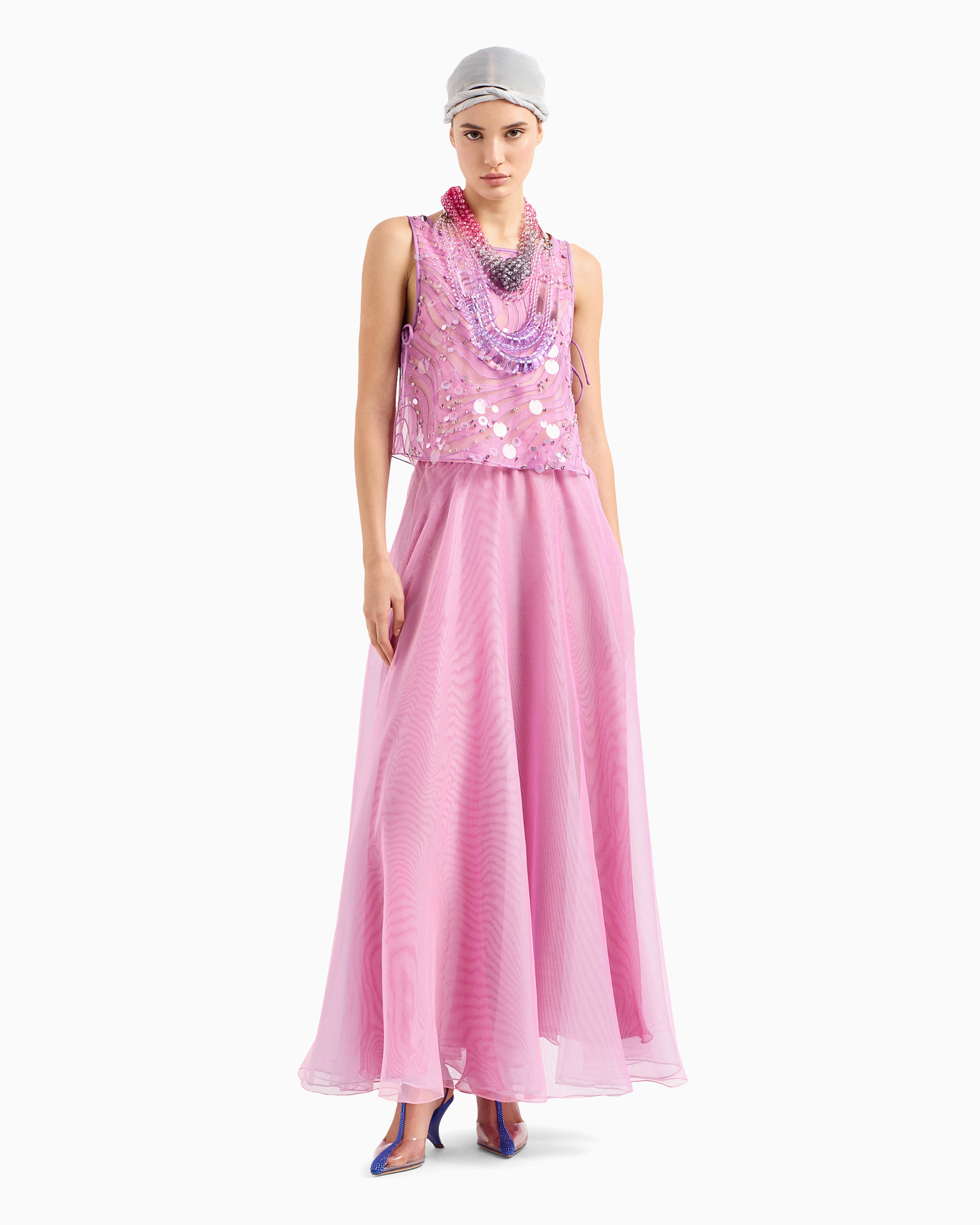 Emporio Armani Official Store Silk Organza Top With Embroidery And Sequins In A Sand Dune Motif In Lilla
