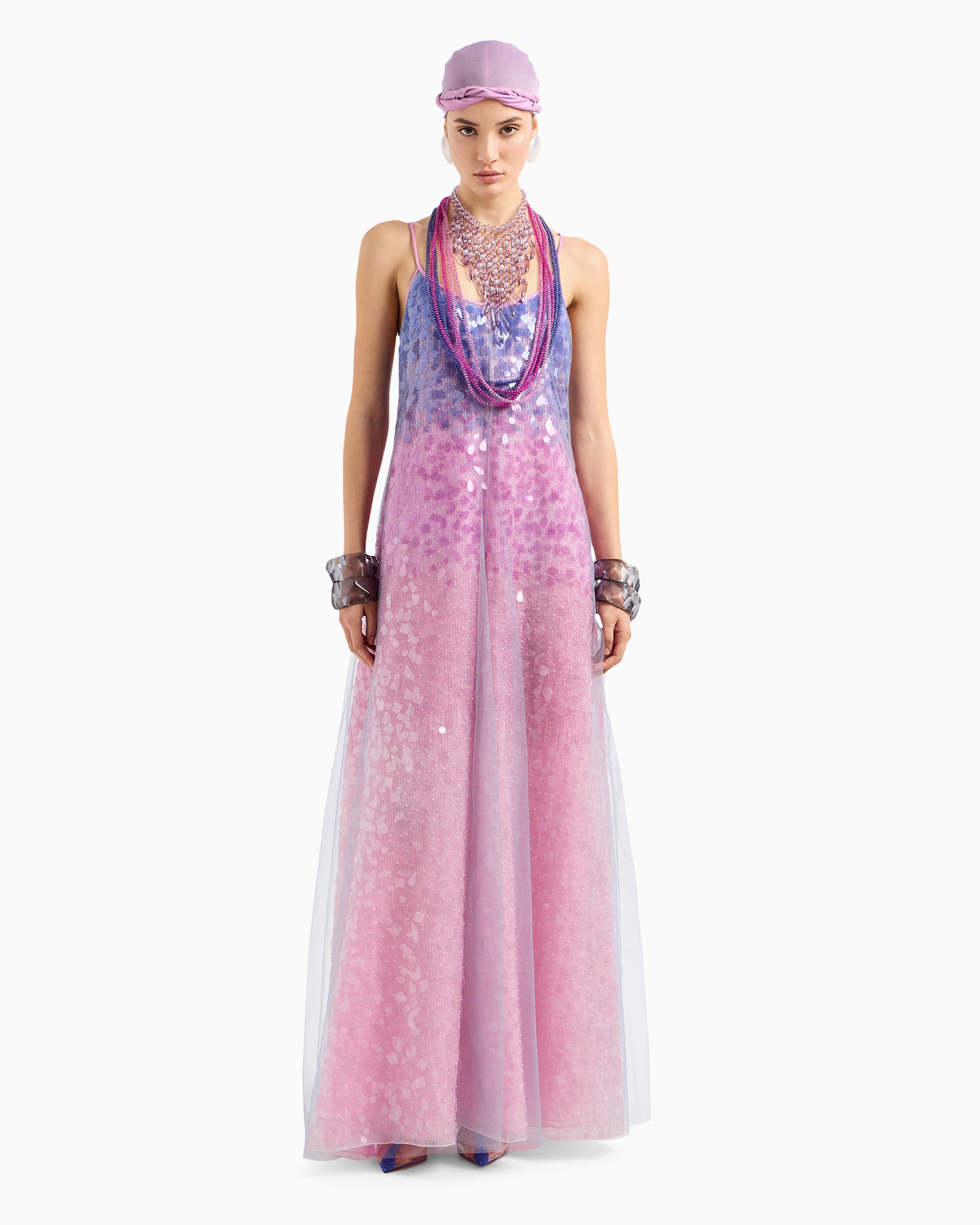 Shop Emporio Armani Silk Organza Dress With Gradient Shade Motif And All-over Bead And Sequin Embroidery In Pattern