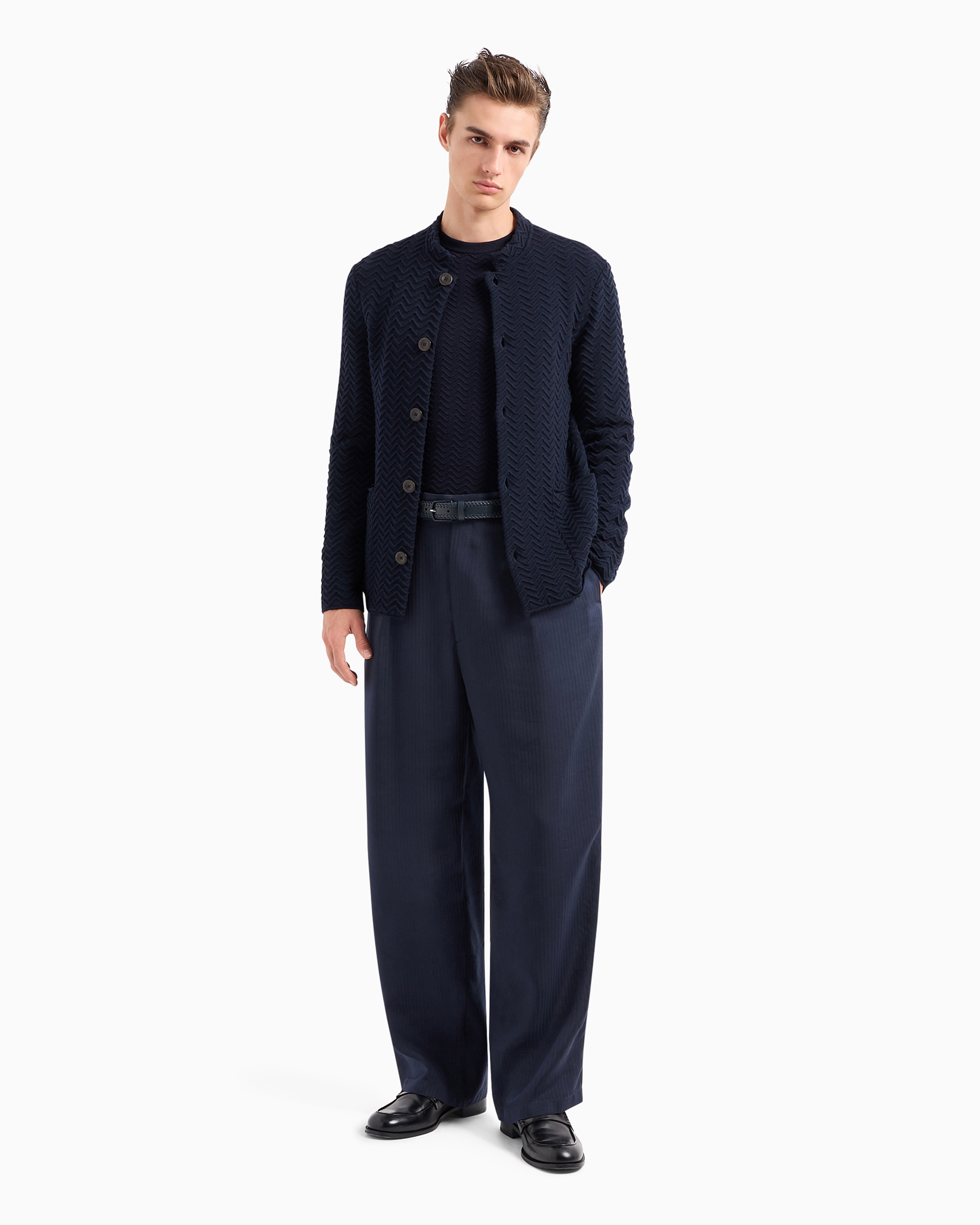 Shop Giorgio Armani Single-breasted Jacket In Chevron Ottoman Wool In Midnight Blue