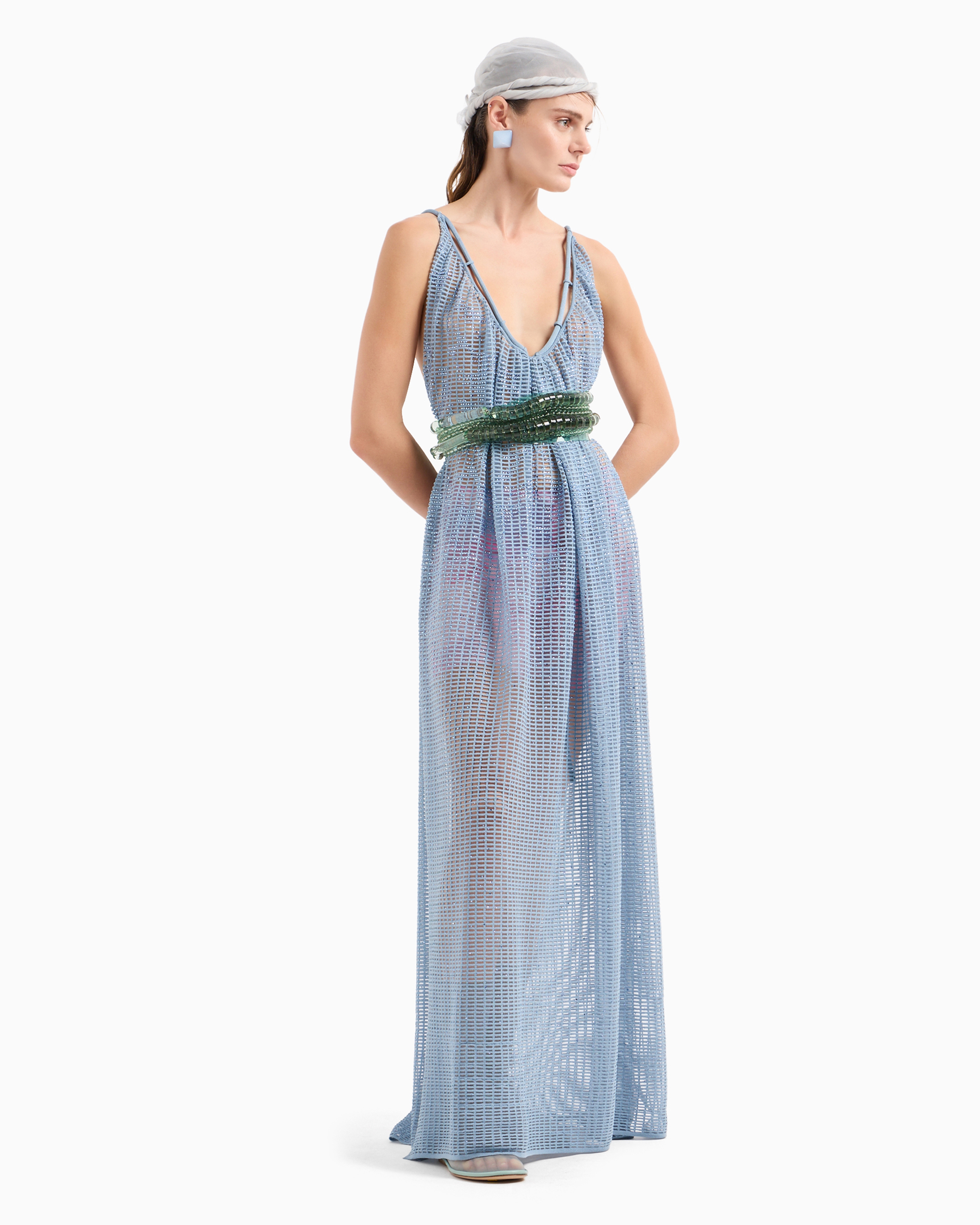 Emporio Armani Official Store Plain Knit And Ottoman Long Dress With All-over Rhinestones In Avio