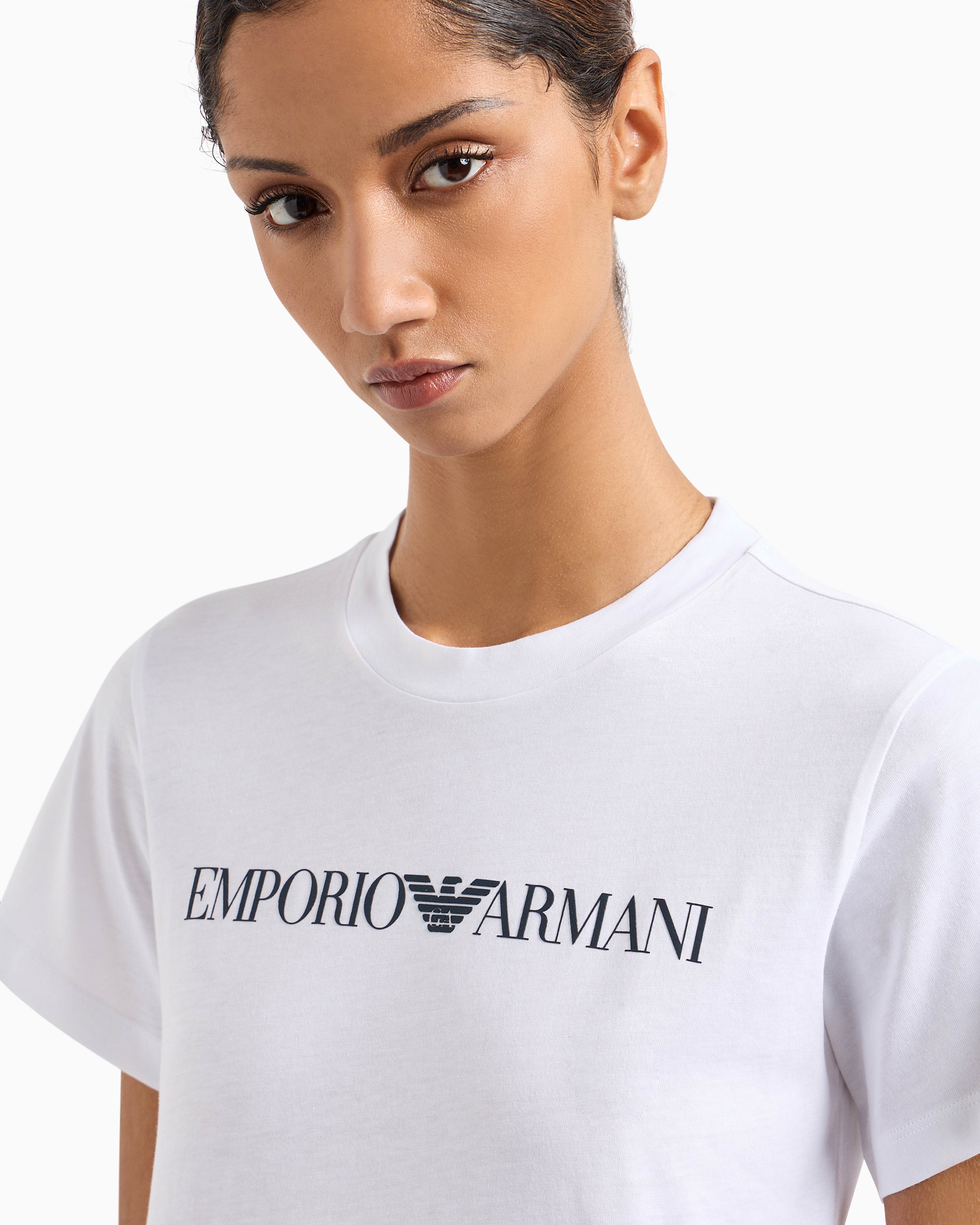 Emporio Armani Official Store Armani Sustainability Values Organic-jersey T-shirt With Logo Print In White Logo