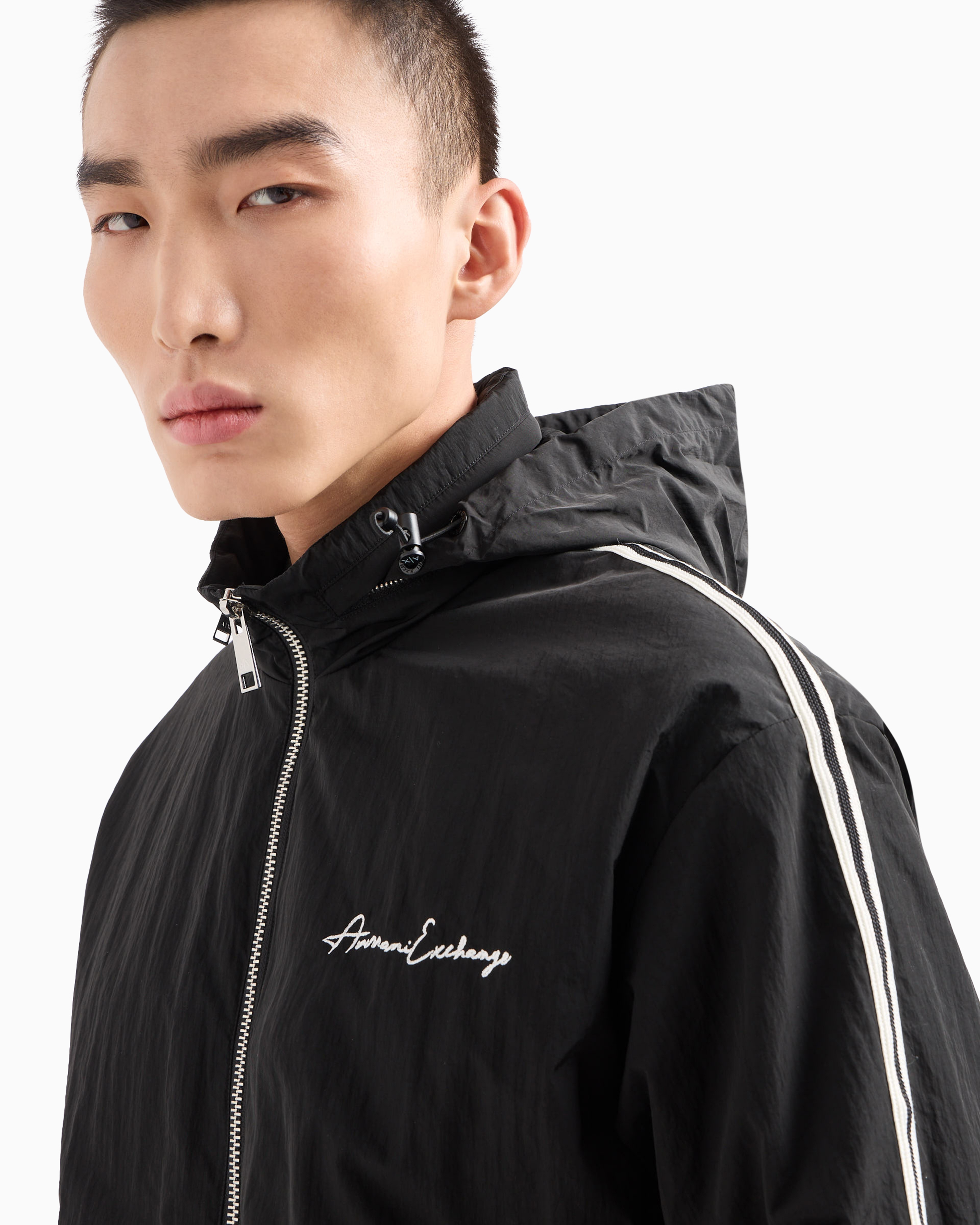 Armani Exchange Official Store Full Zip Blouson In Crinkle Fabric With Logo On The Chest In Black