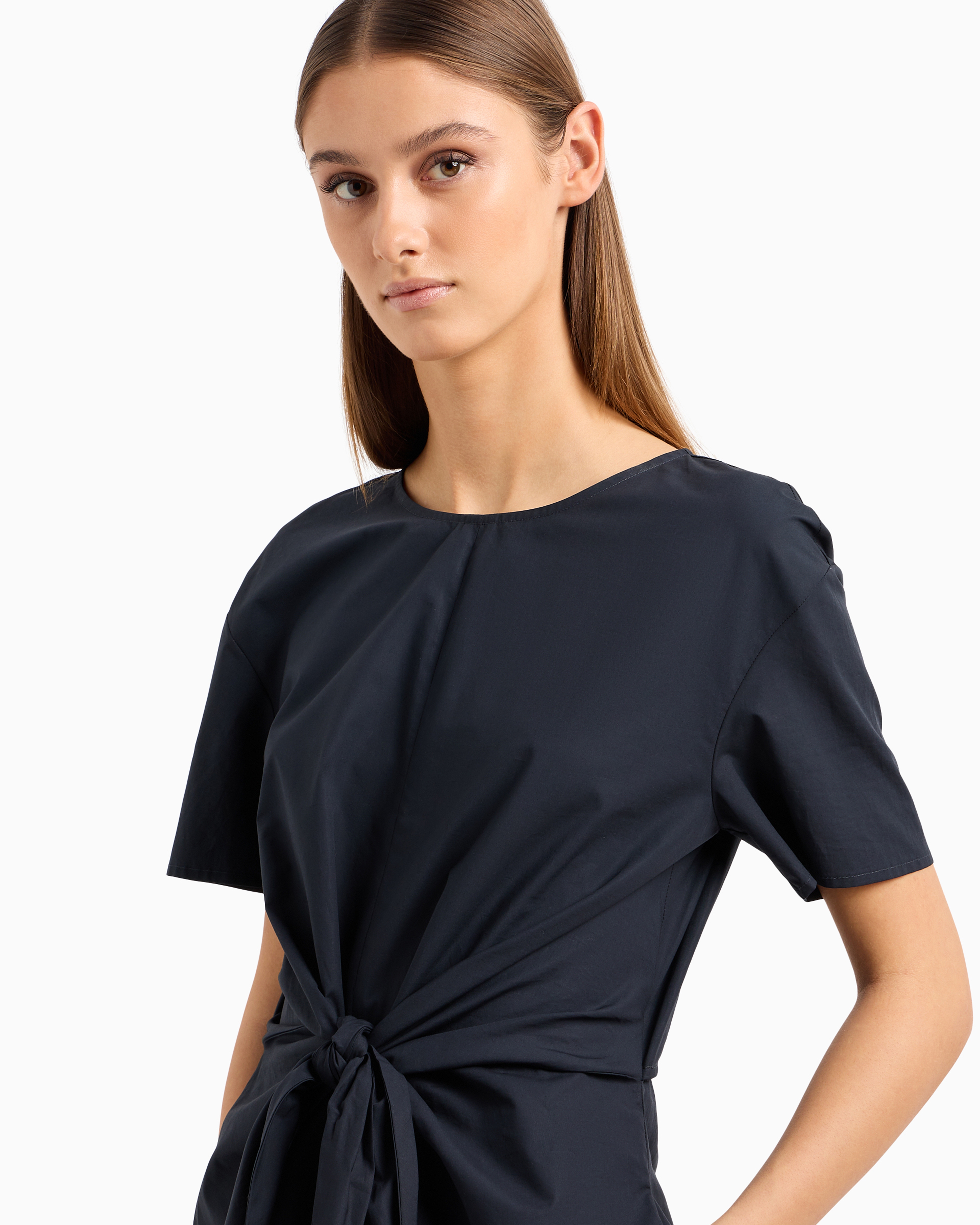 Emporio Armani Official Store Short-sleeved Poplin Shirt Dress With Sash In Navy Blue