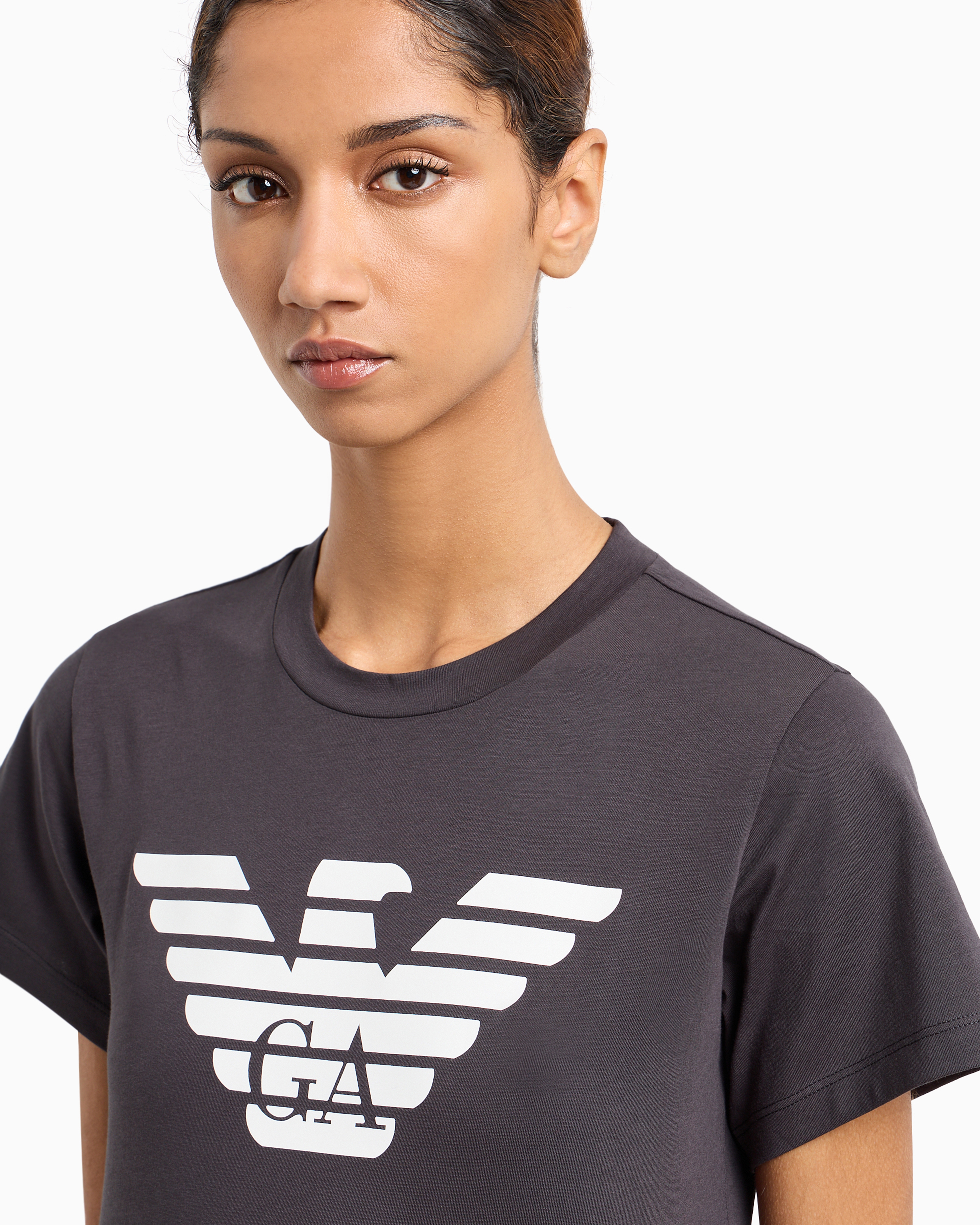 Emporio Armani Official Store Armani Sustainability Values Organic-jersey T-shirt With Logo Print In Navy Blue