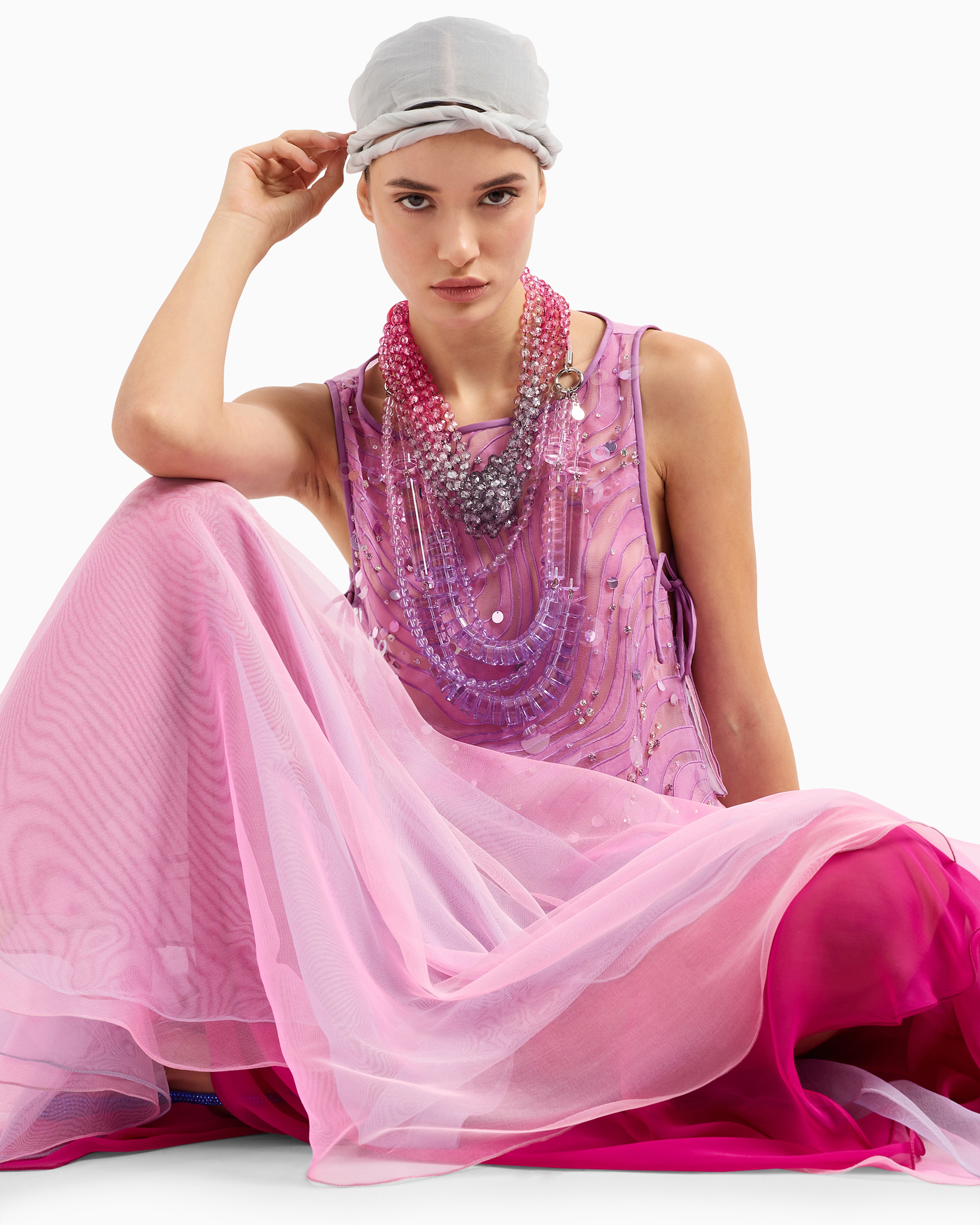 Emporio Armani Official Store Silk Organza Top With Embroidery And Sequins In A Sand Dune Motif In Lilla