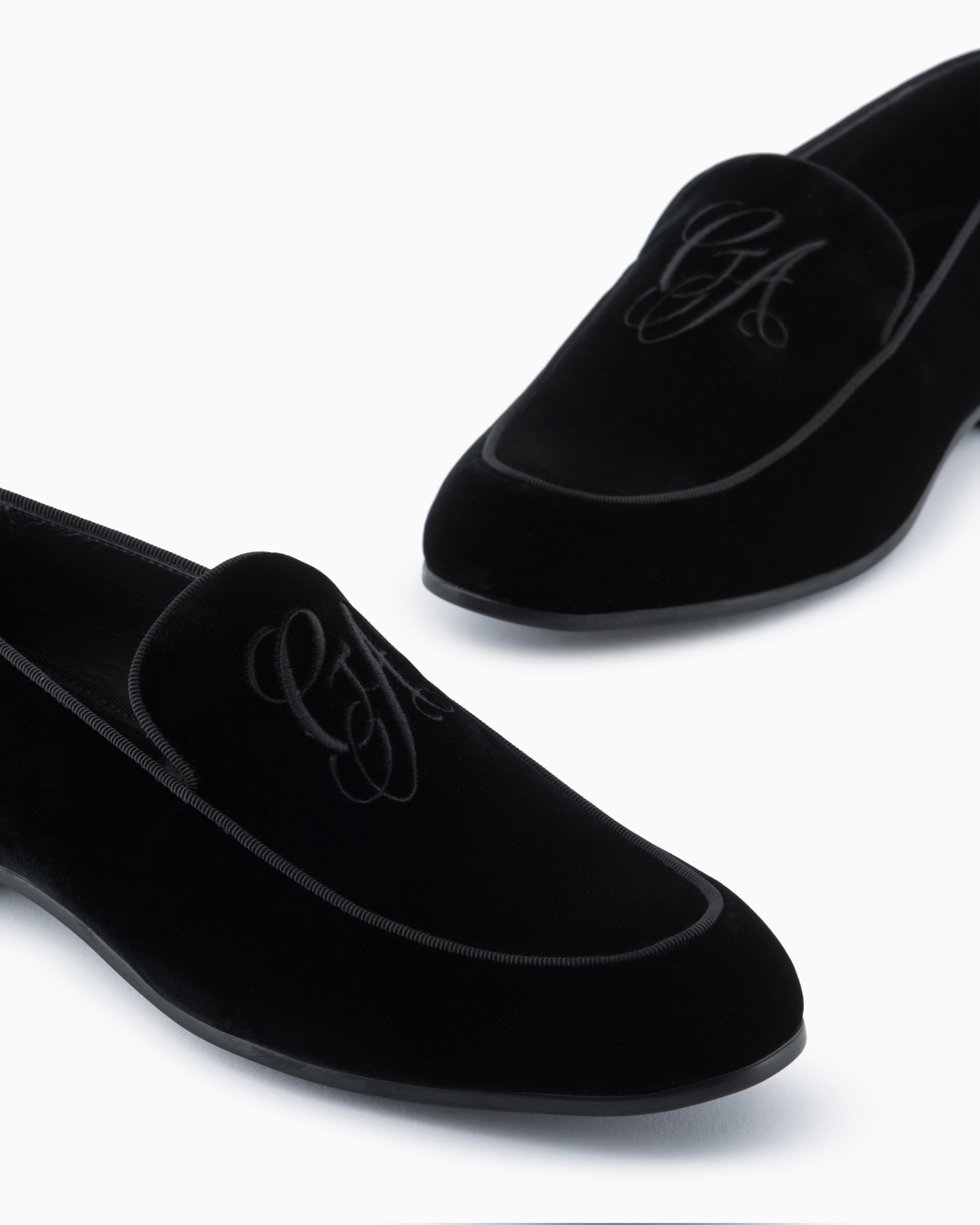 Shop Giorgio Armani Velvet Loafers With Embroidered Logo In Black