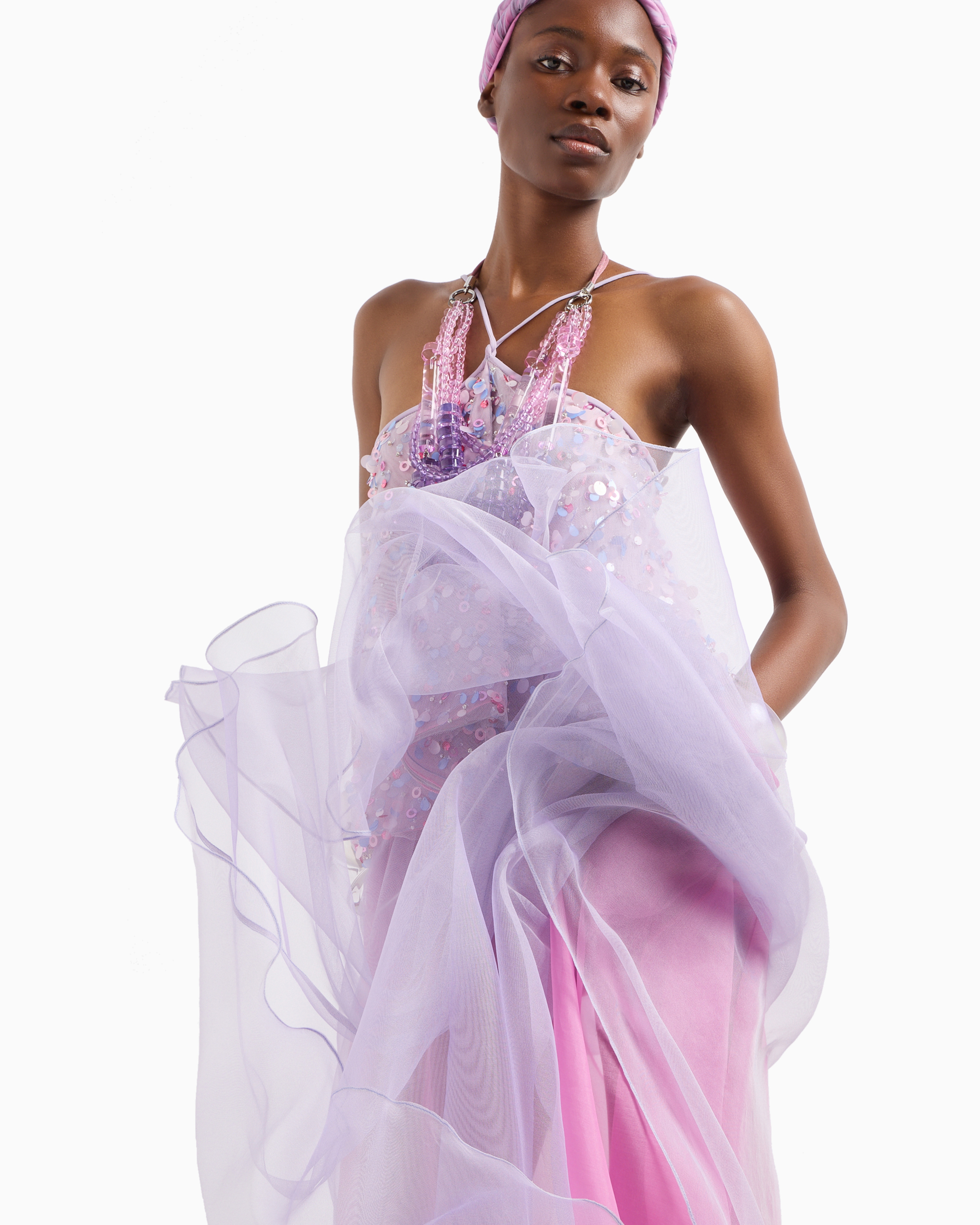 Emporio Armani Official Store Ruffled Tulle Top And Multicoloured Sequin Embroidery In Bunt